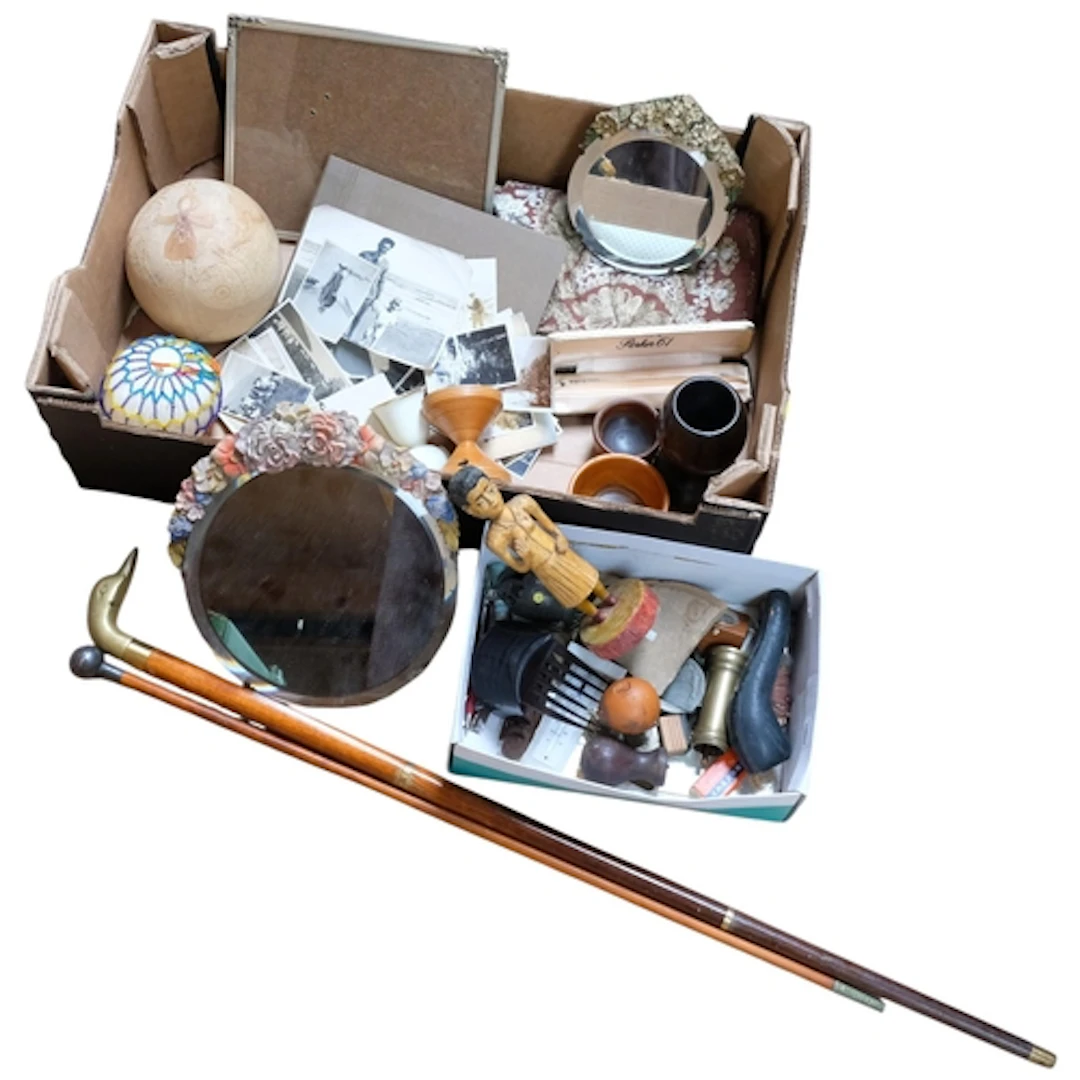 Mirrors, pipe, walking sticks, etc