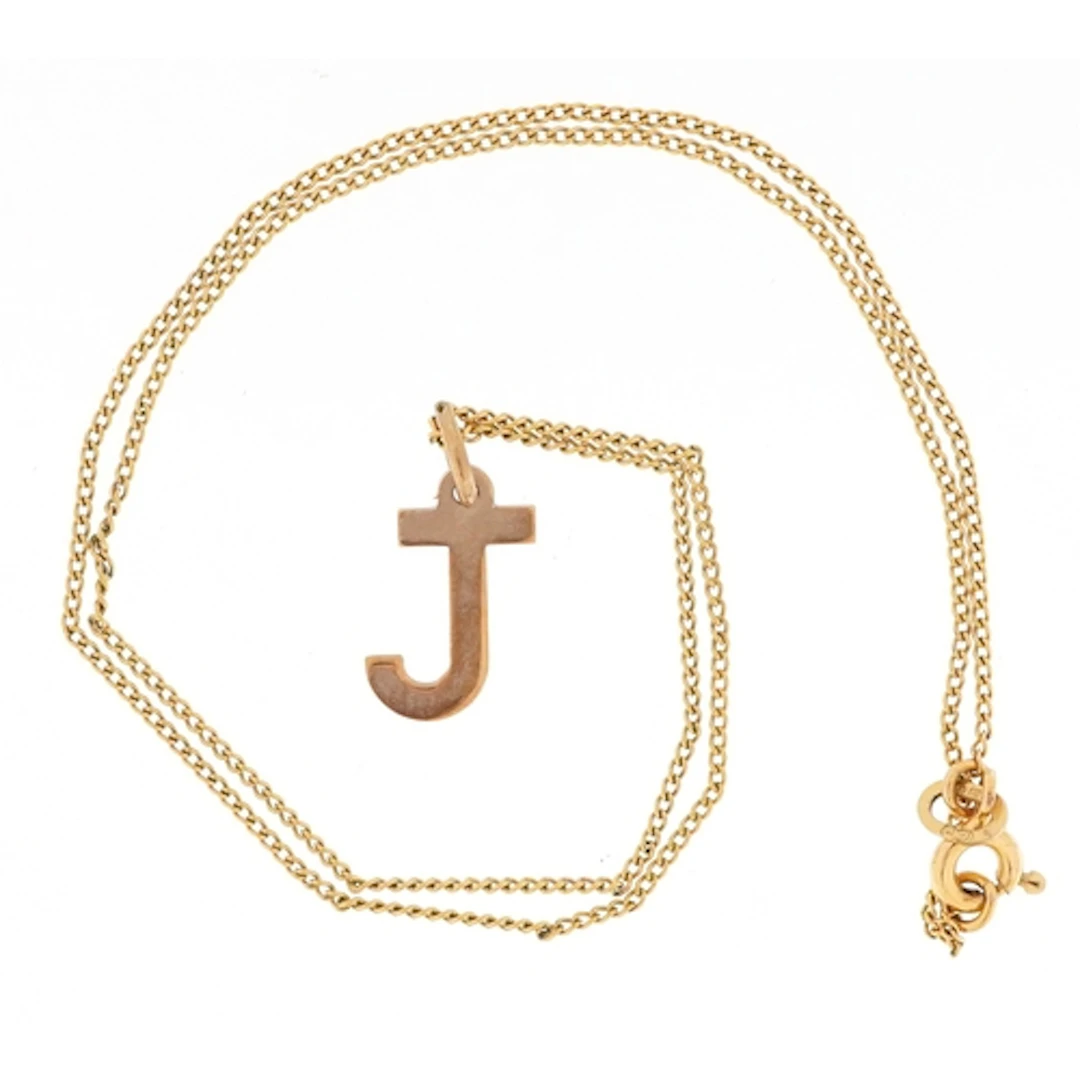 9ct gold initial J pendant on a 9ct gold necklace, 1.5cm hig...