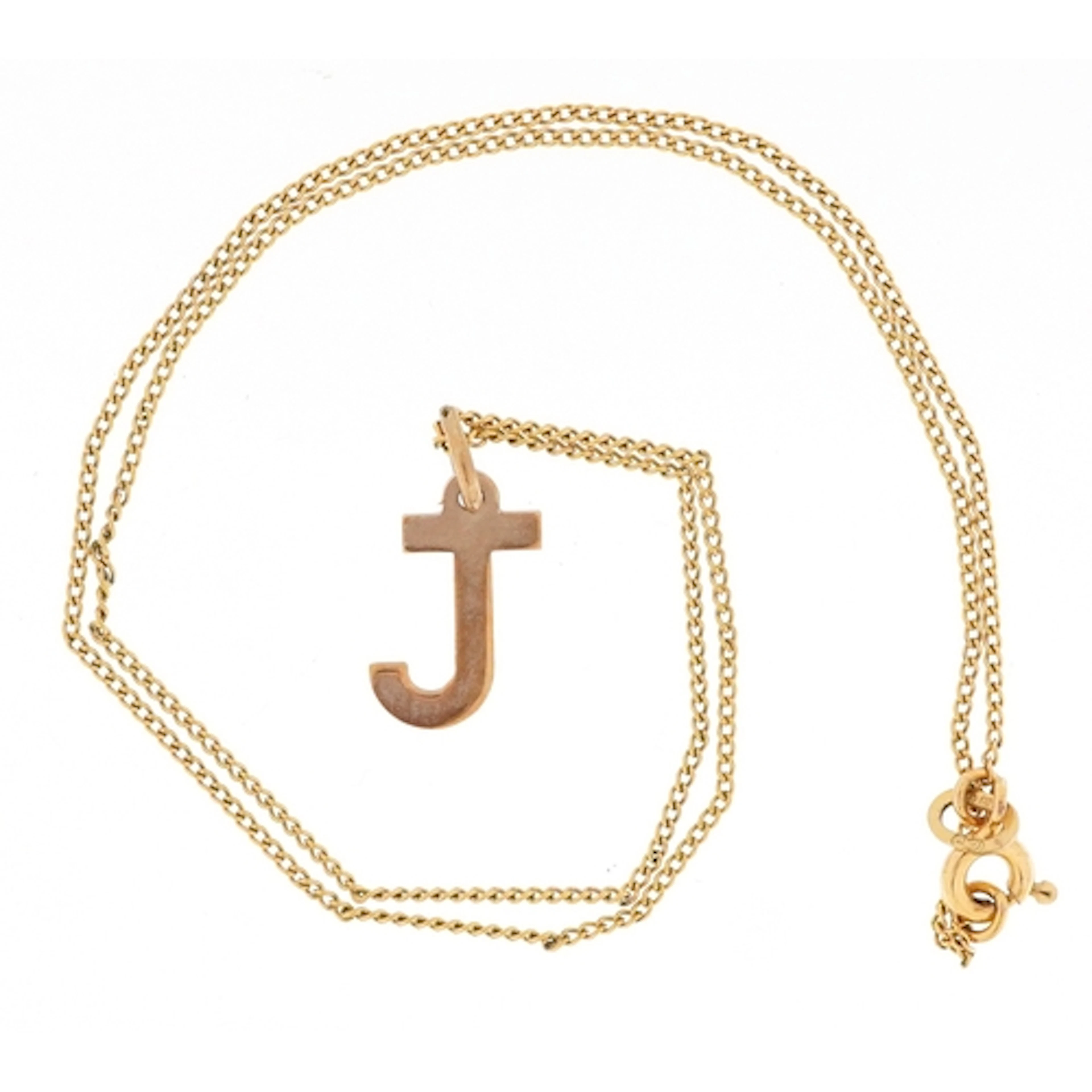 9ct gold initial J pendant on a 9ct gold necklace, 1.5cm hig...