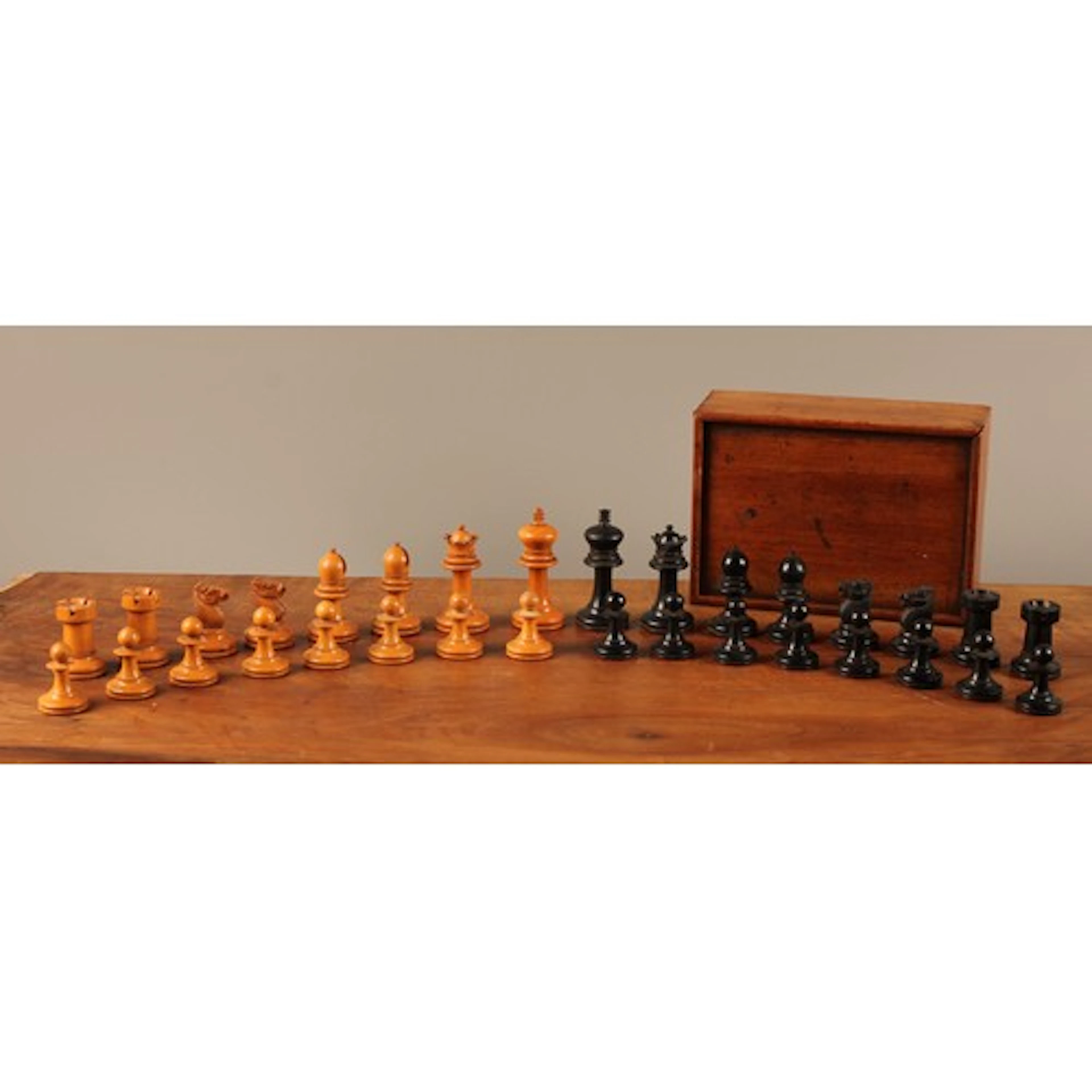 A 19th century boxwood and ebonised chess set, unweighted, t...