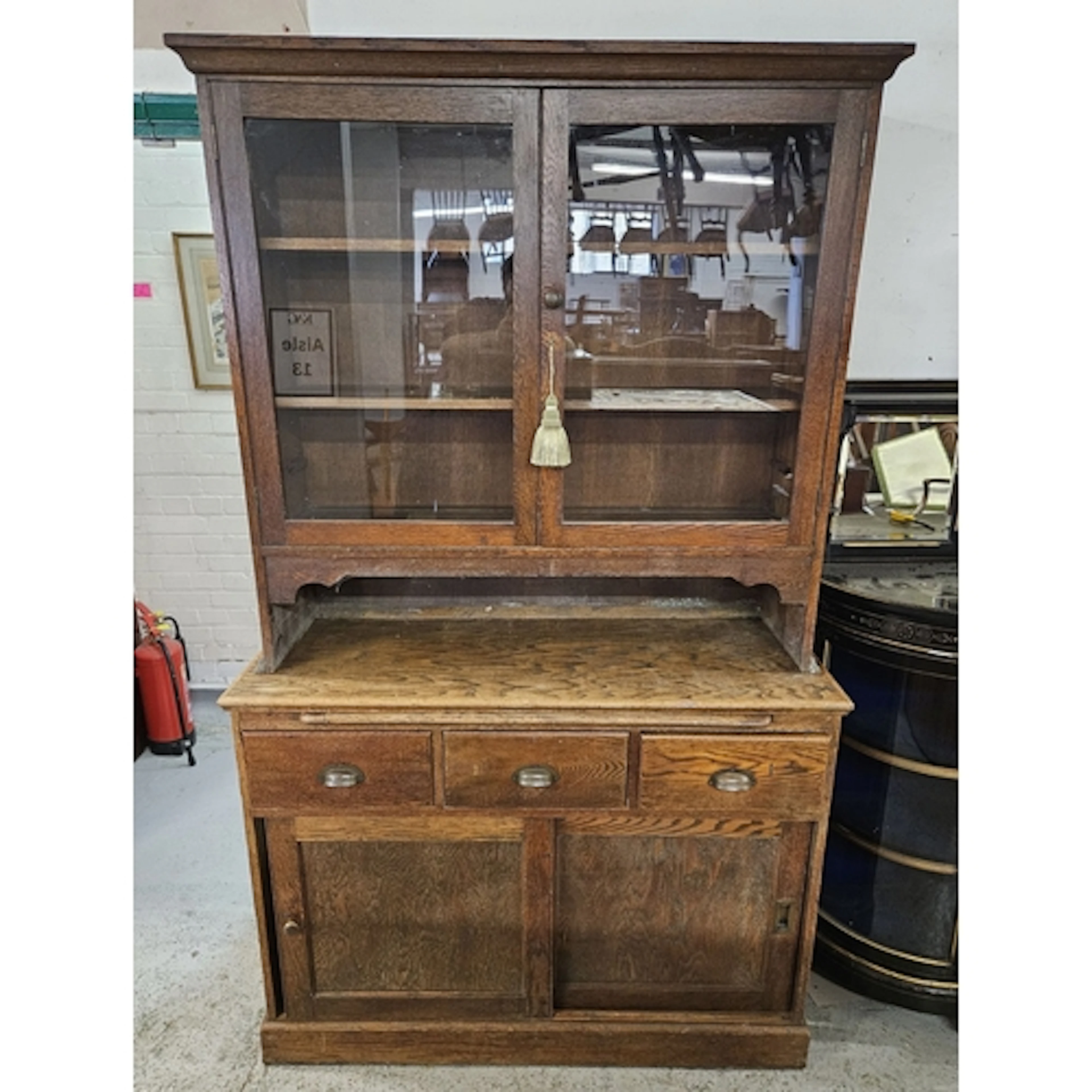 Antique Oak French Sideboard, superstructure with pair glaze...
