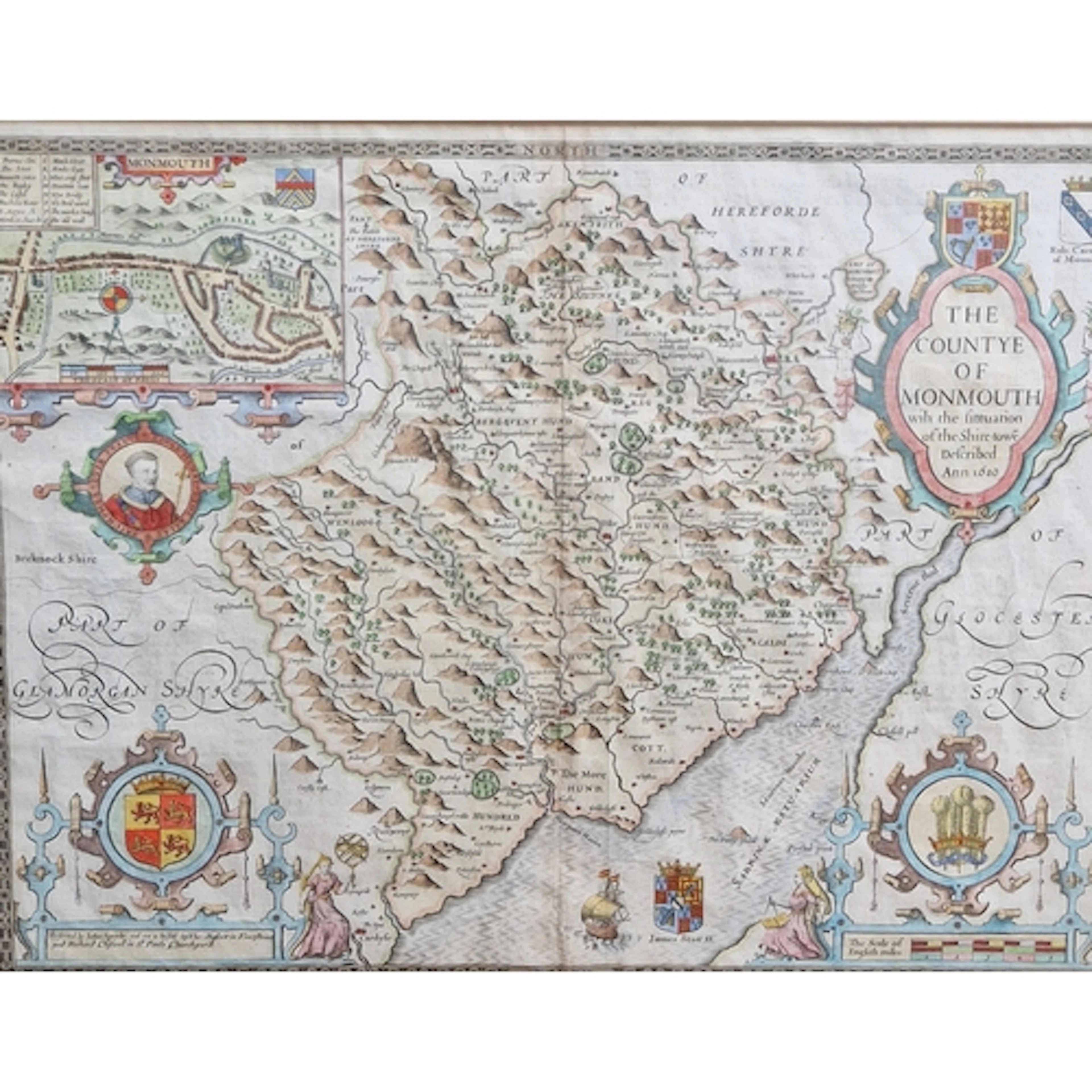 JOHN SPEEDE. The Countye of Monmouth, engraved map, coloured...