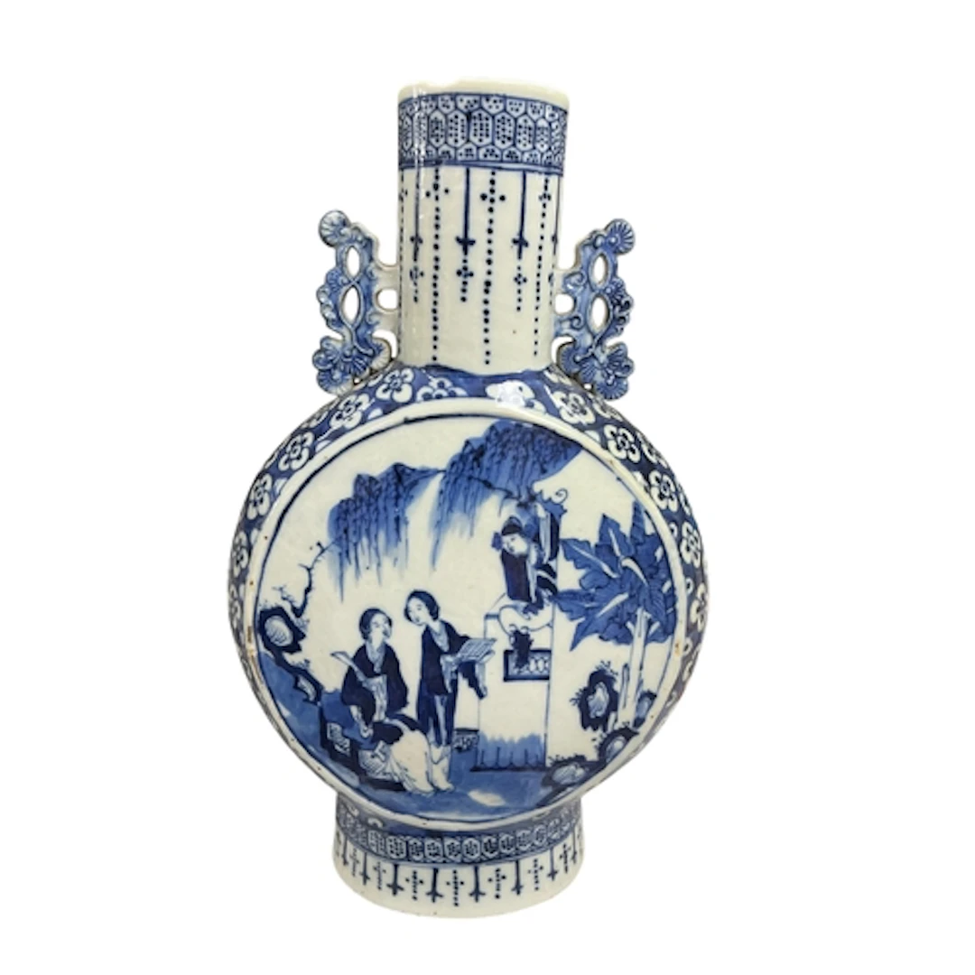 A 19th century Chinese blue and white moon vase with figurat...