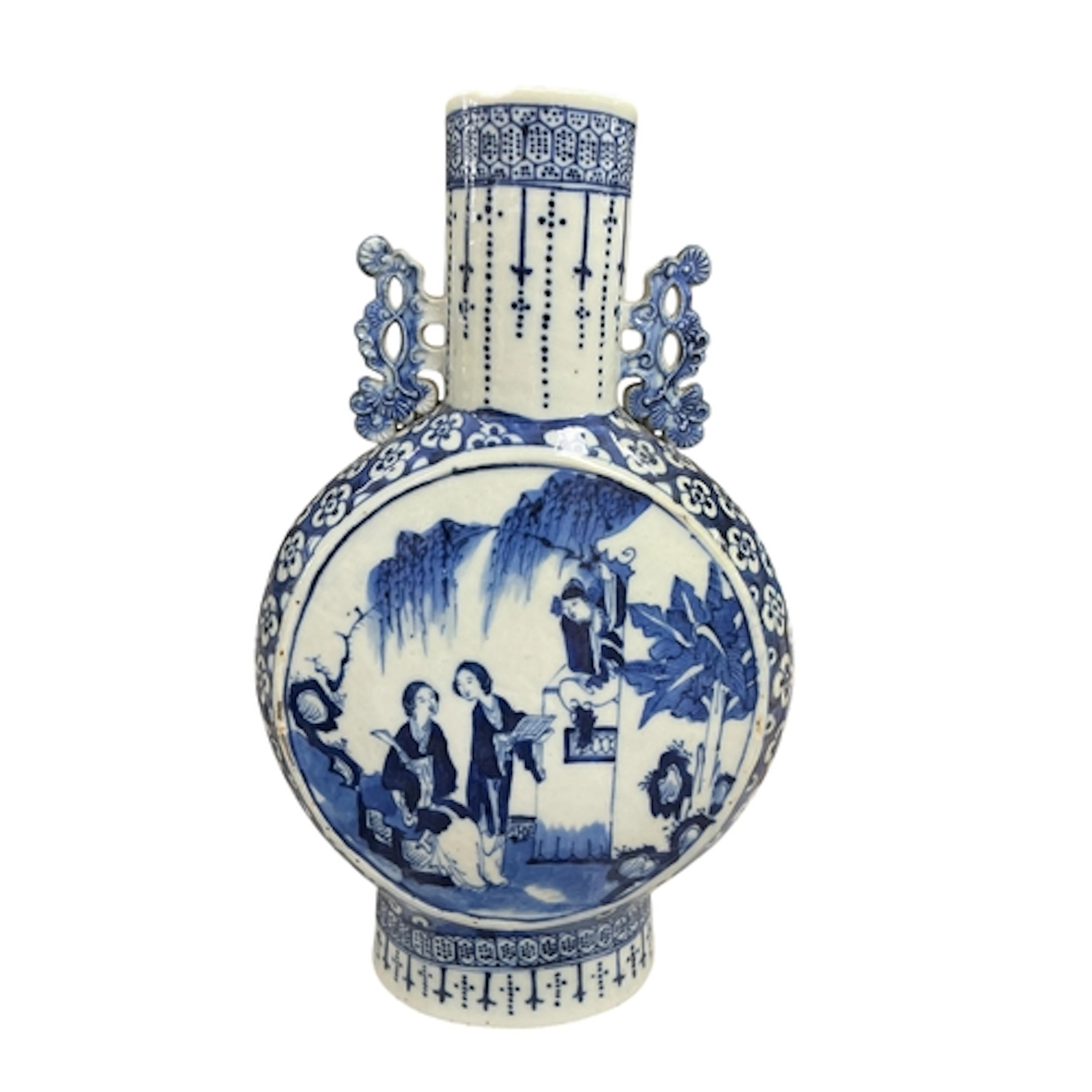 A 19th century Chinese blue and white moon vase with figurat...