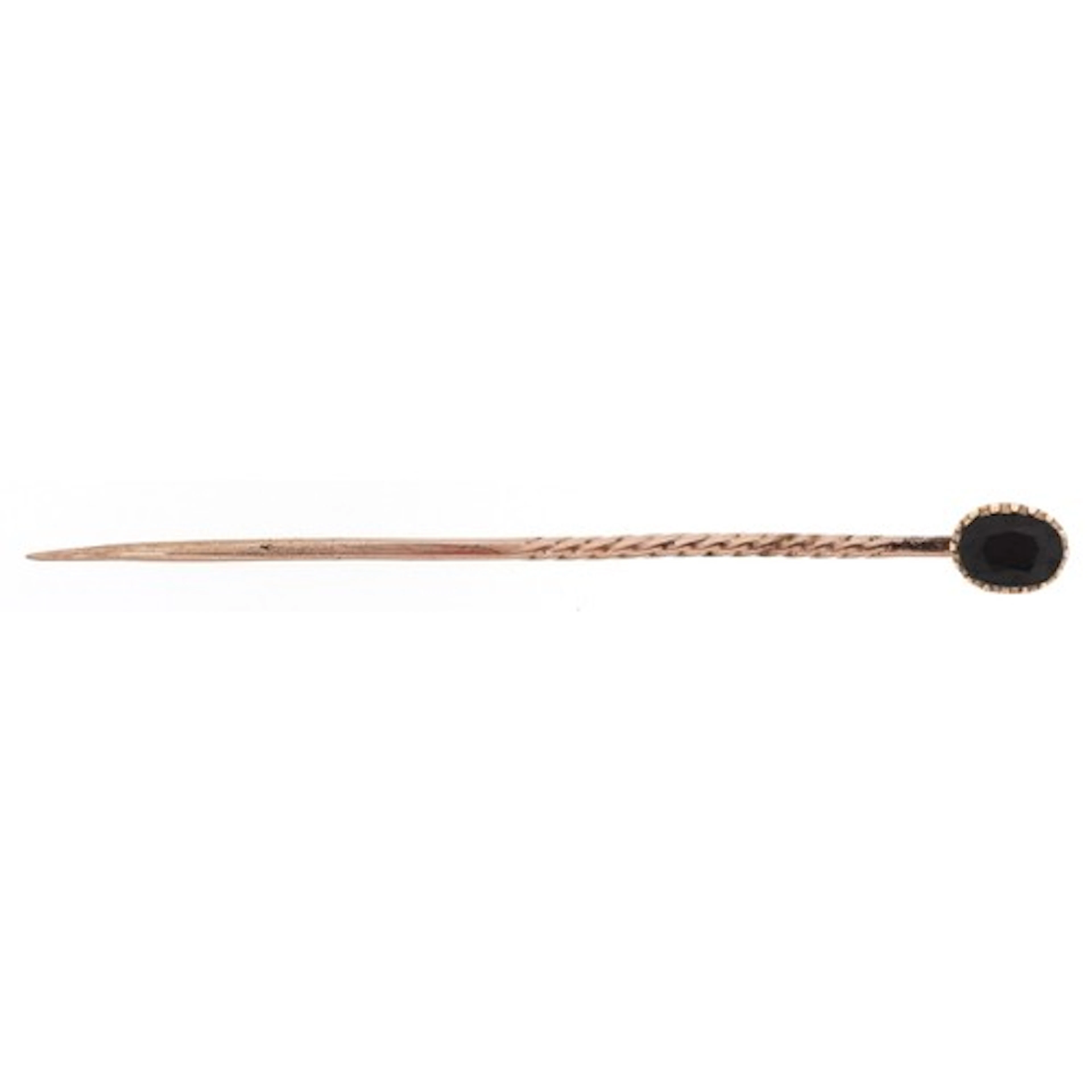 Antique yellow metal blue spinel stickpin, 5.1cm high, 1.0g.