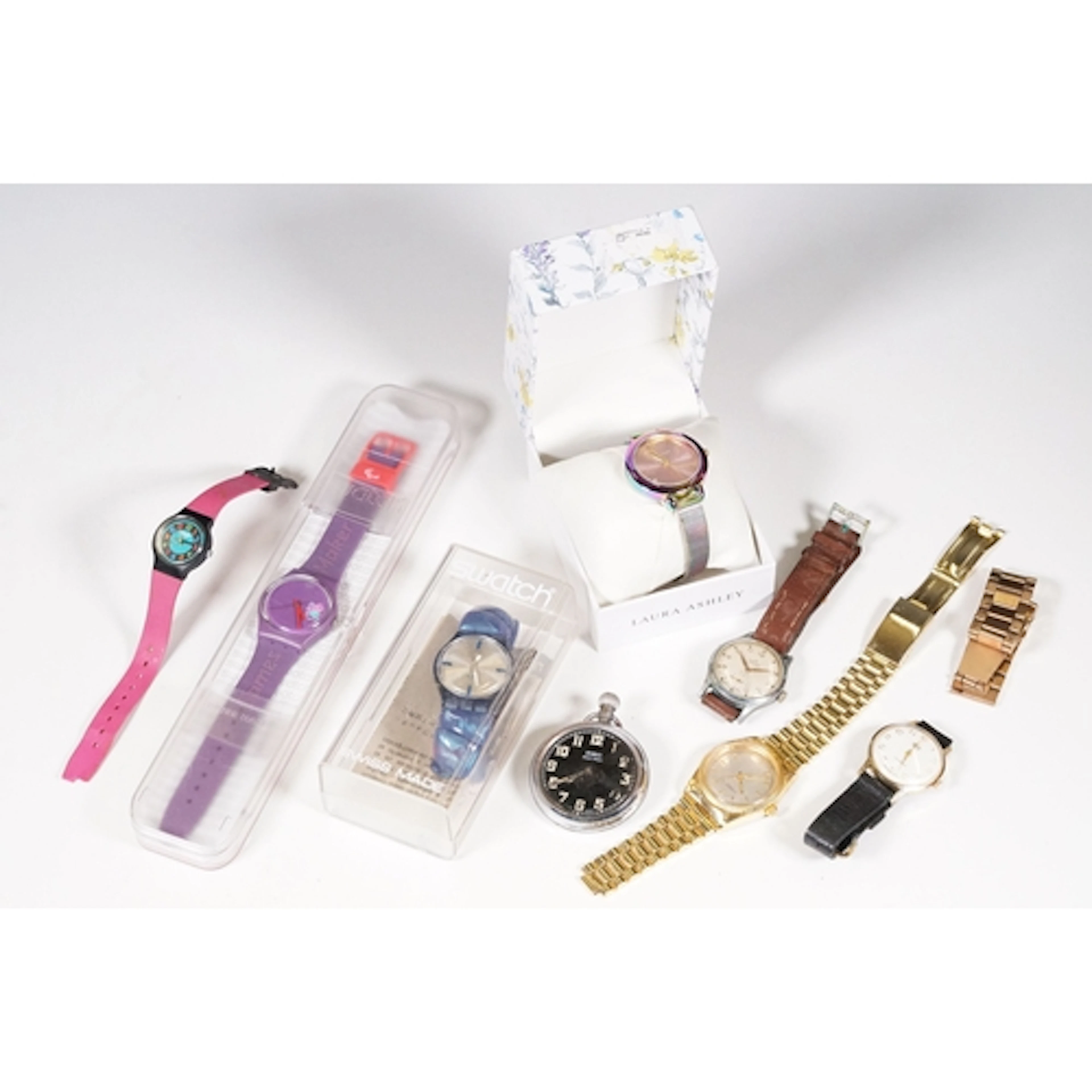Mixed lot of watches including two cased Swatch watches, box...
