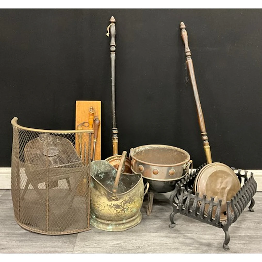Fireside companion set, two brass bed warmers, a arts and cr...