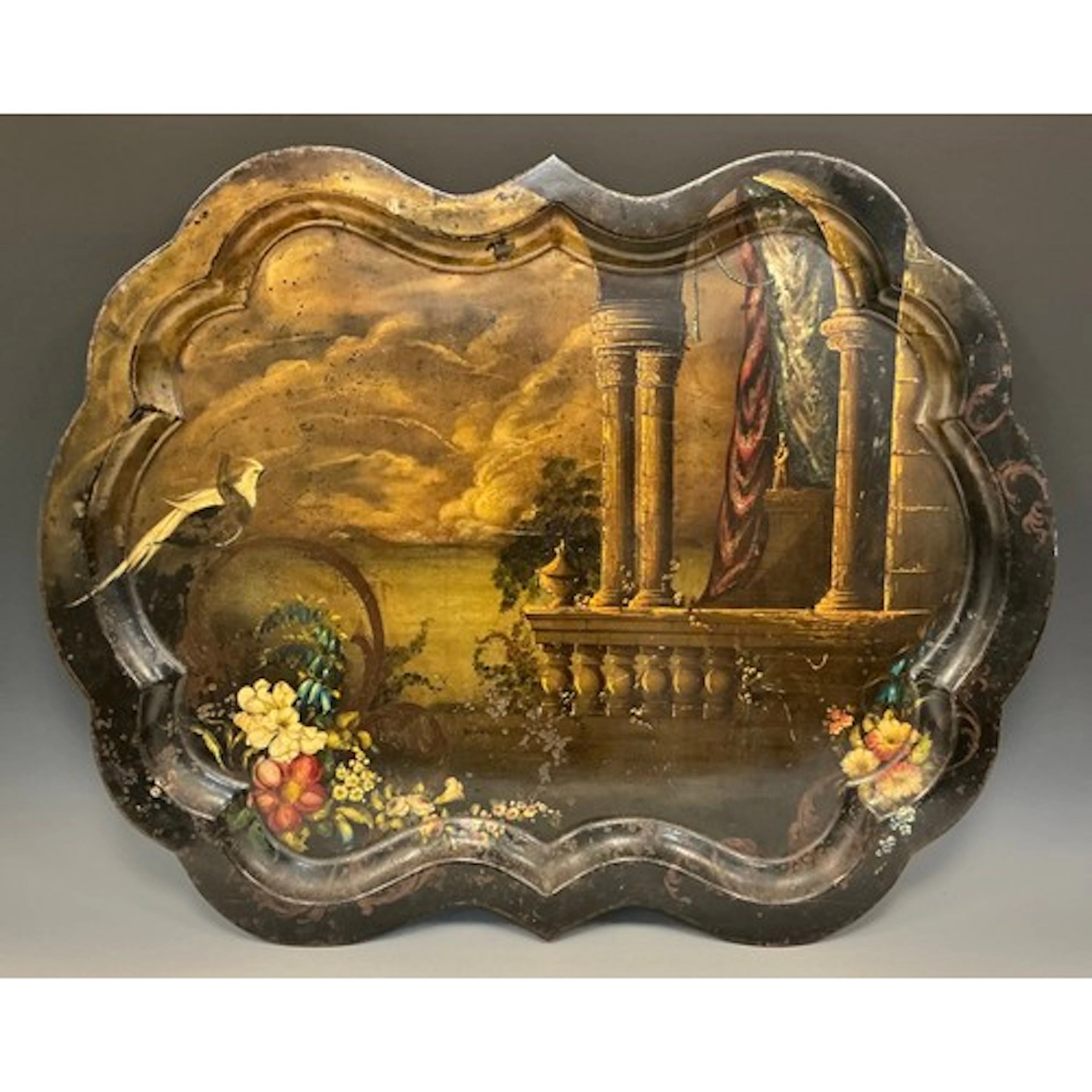 A large post-Regency toleware shaped serpentine tray, painte...