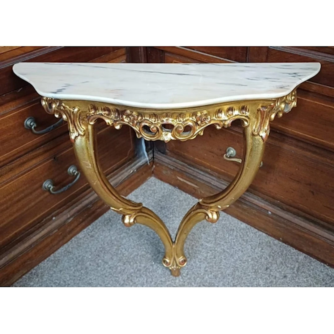 MARBLE TOPPED GILT WALL HANGING PIER TABLE WITH SHAPED FRONT