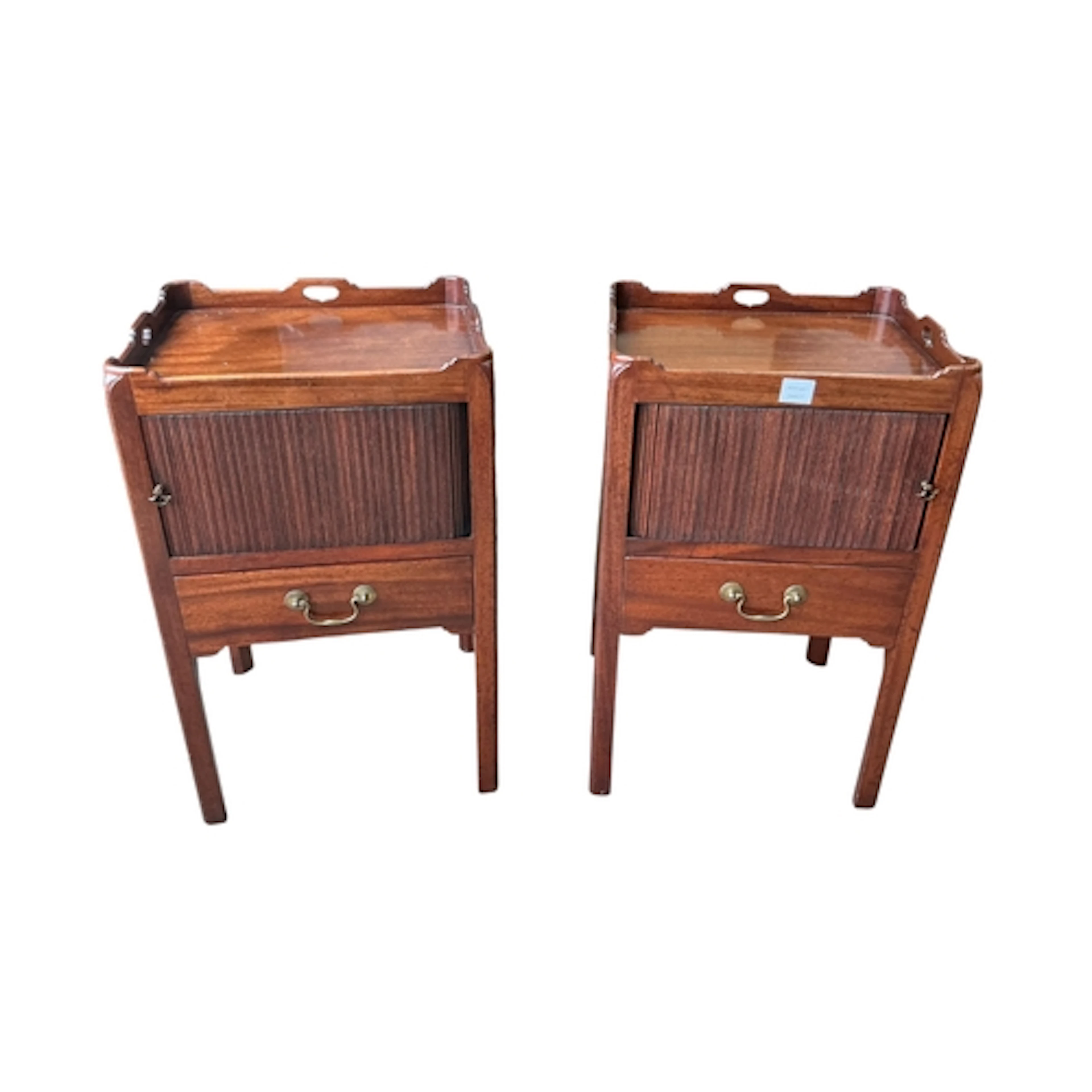 A pair of Georgian style tray top tambour fronted bedside ca...