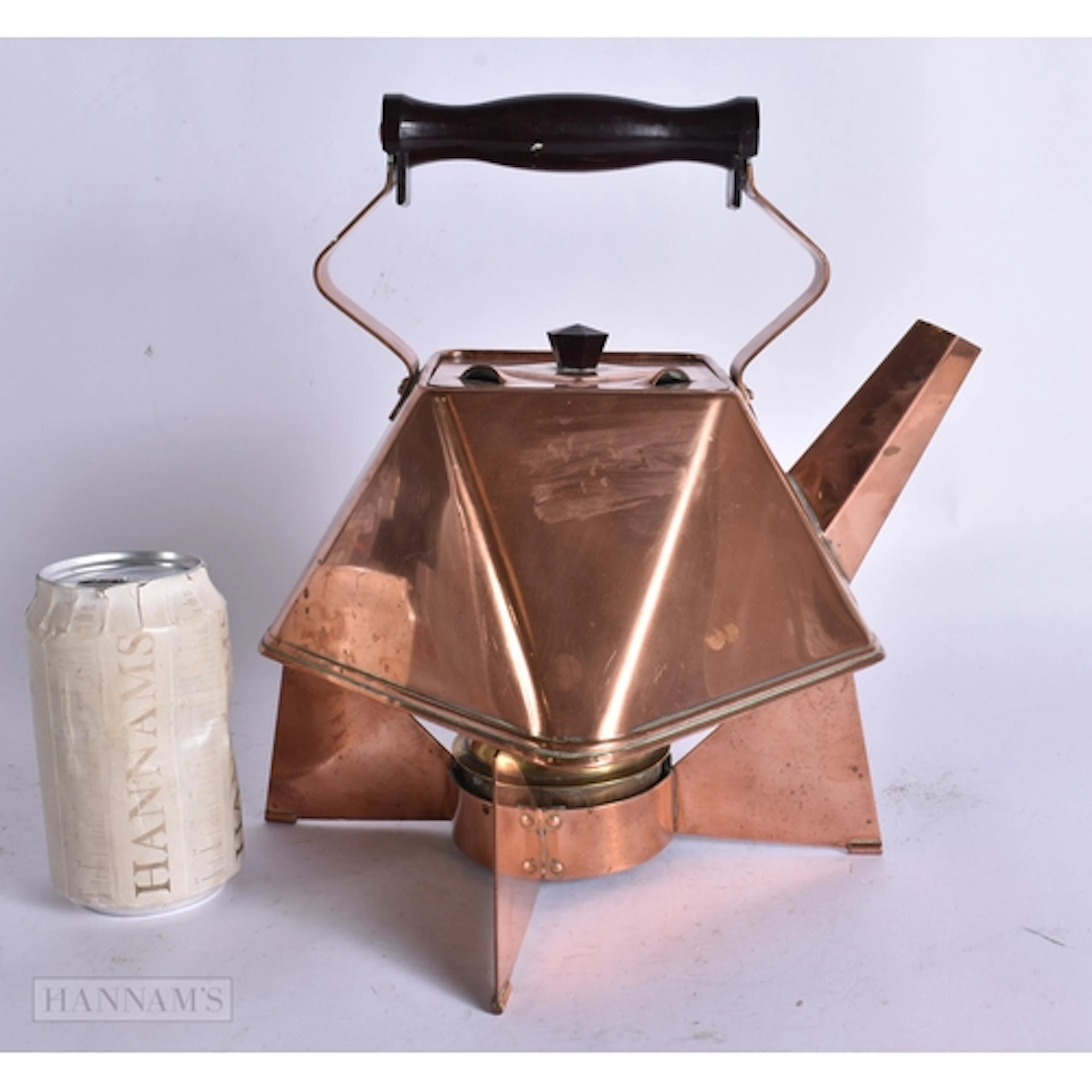 AN ART DECO COPPER SPIRIT BURNER TEAPOT ON STAND. 28 cm x 18...