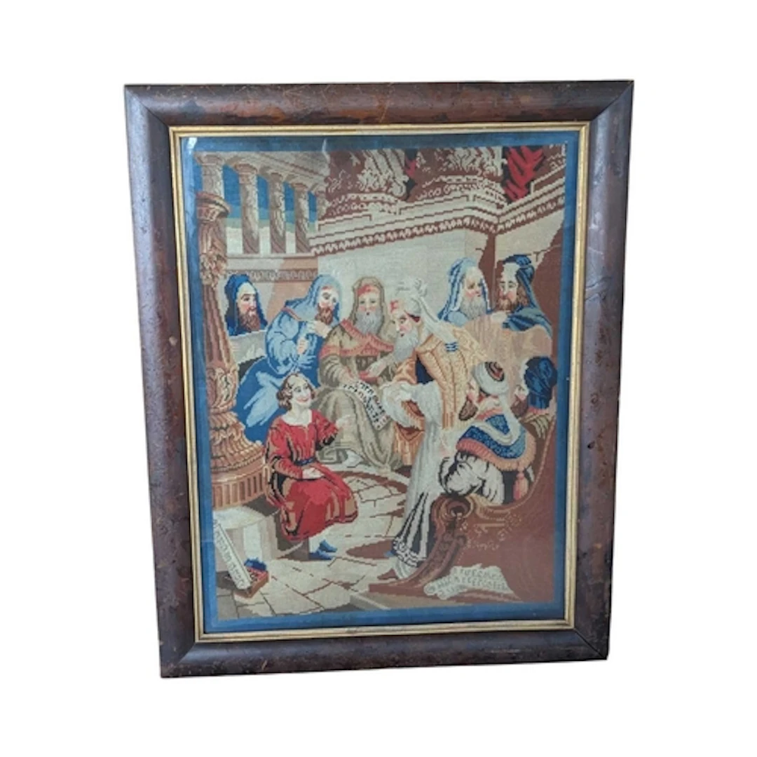 A large 19th century religious scene needlepoint embroidery....
