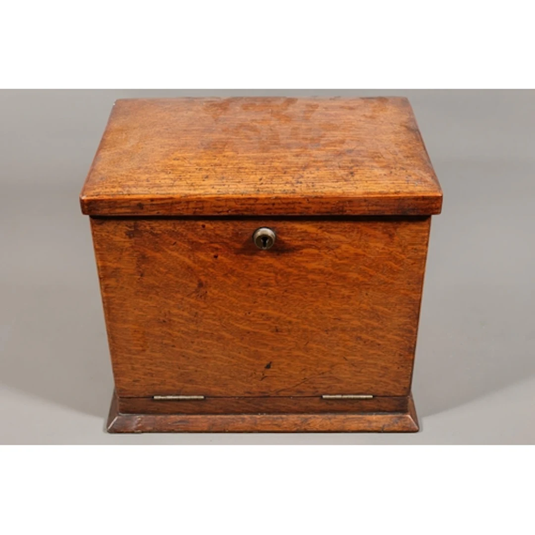 Oak travelling writing box with hinged top, fall front enclo...