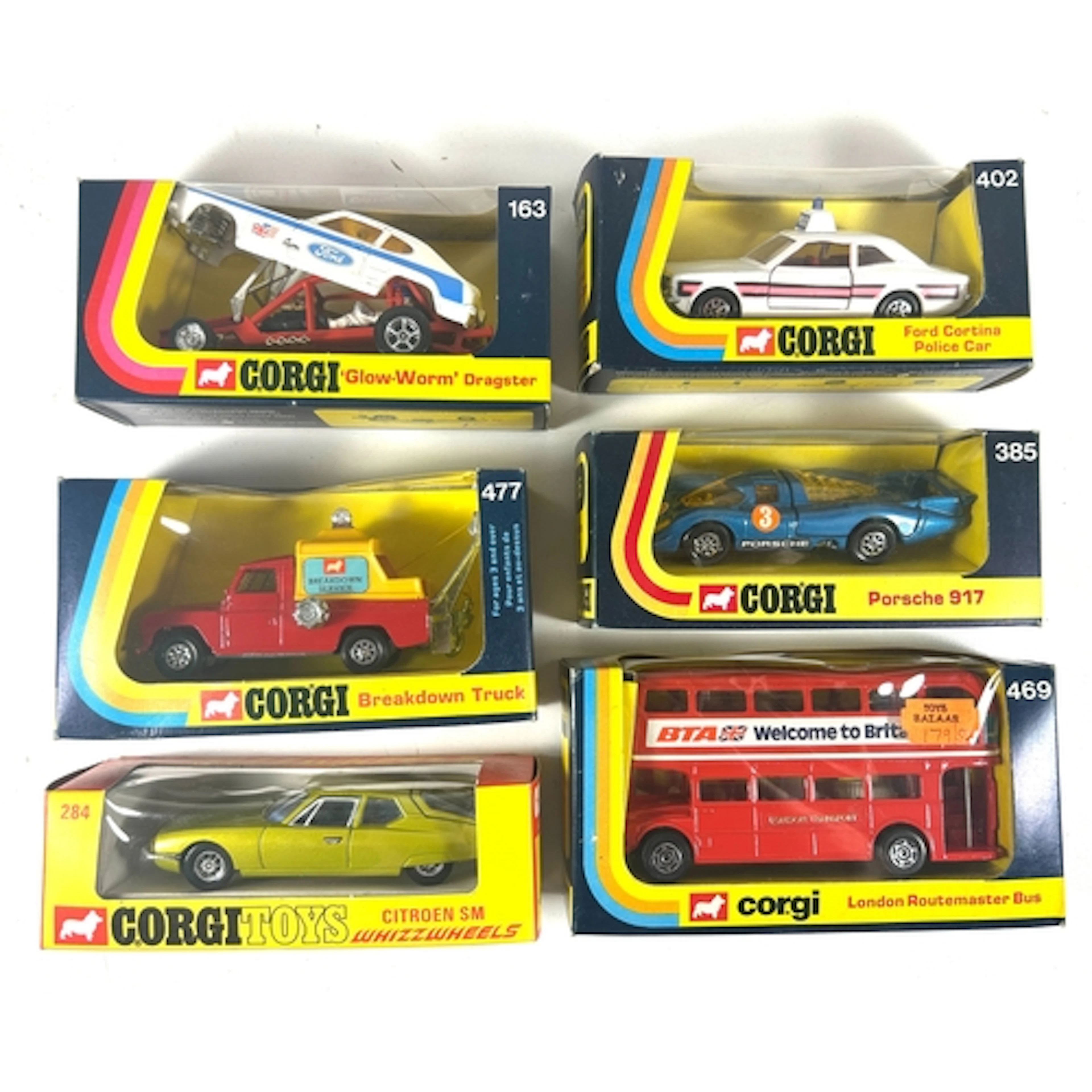6 Corgi Whizzwheels. 'Glow-Worm' Dragster (163), Porsche 917...