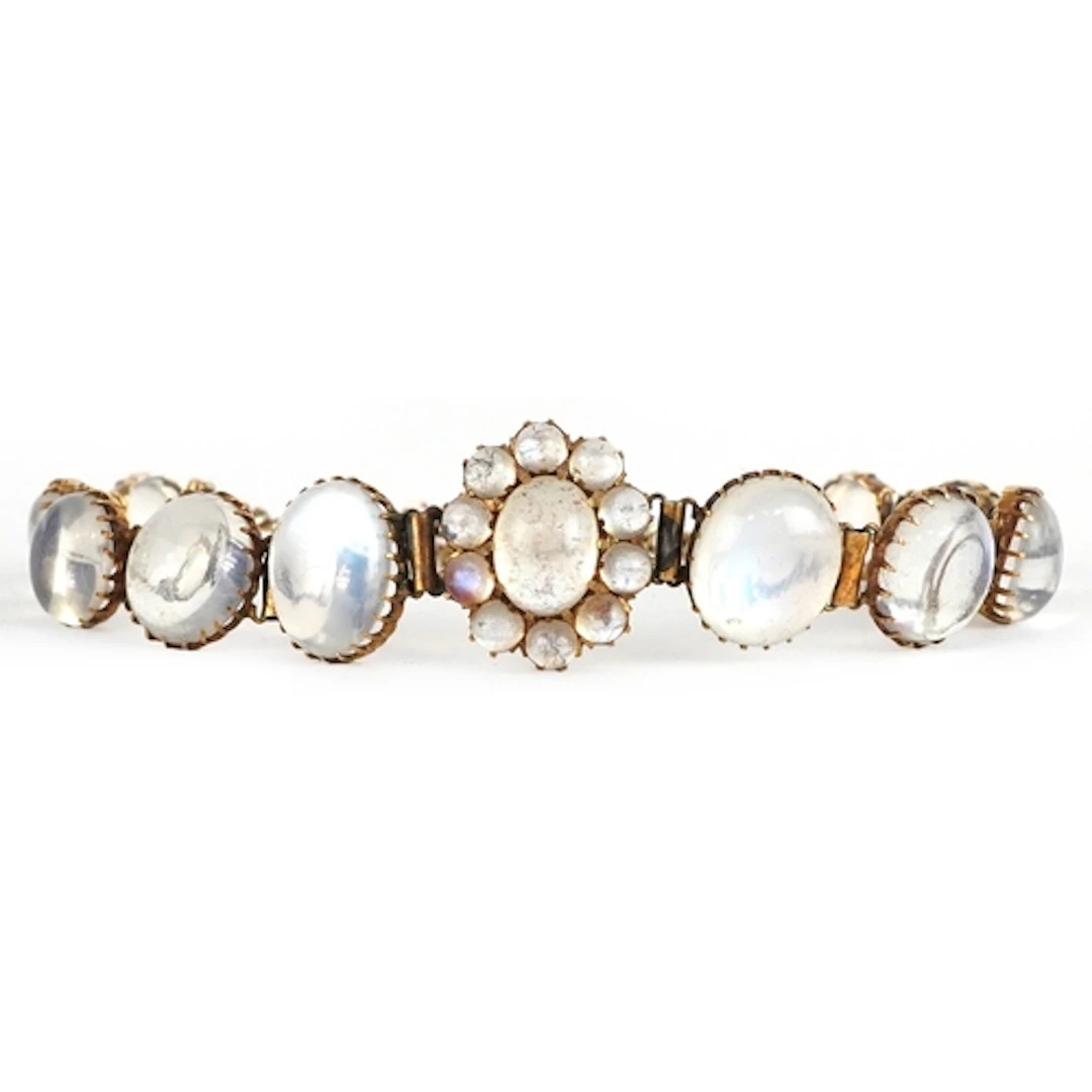 Antique gilt metal cabochon moonstone bracelet, 16cm in leng...
