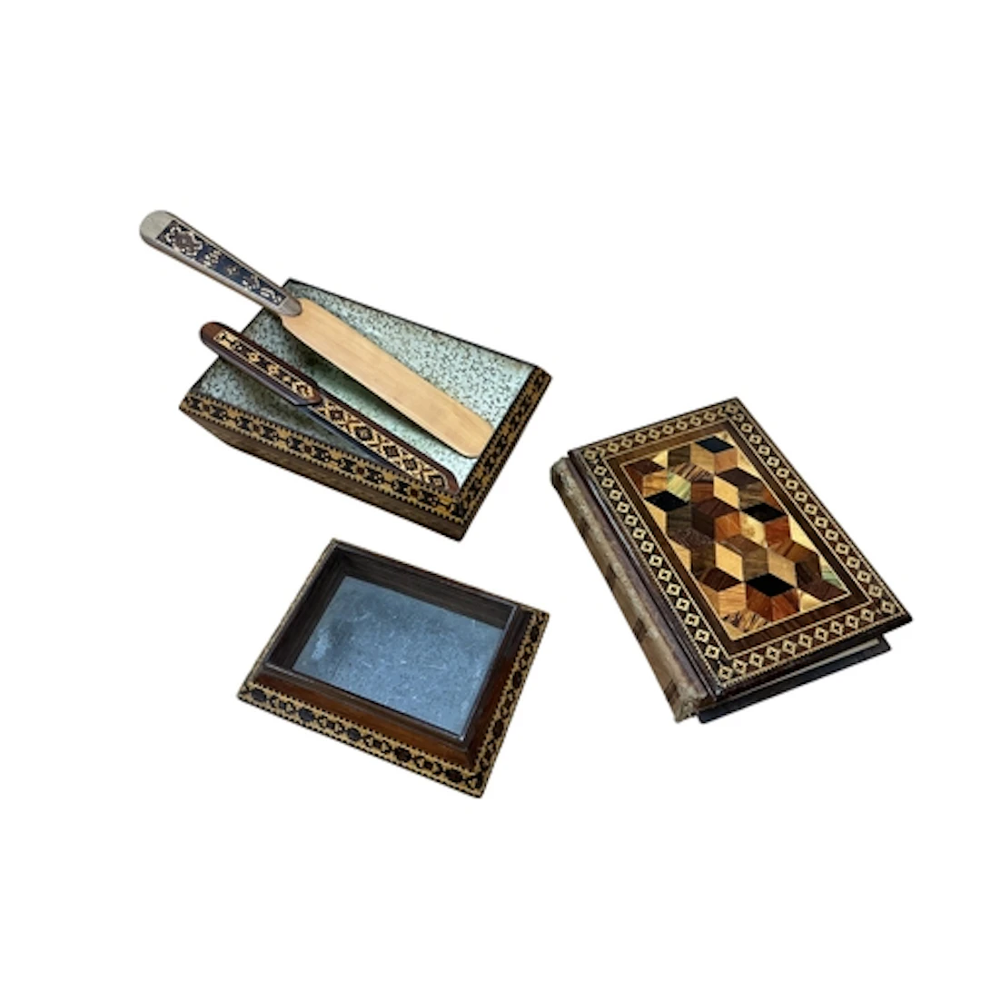 Five pieces of Tunbridge ware: comprising a desk weight, tum...