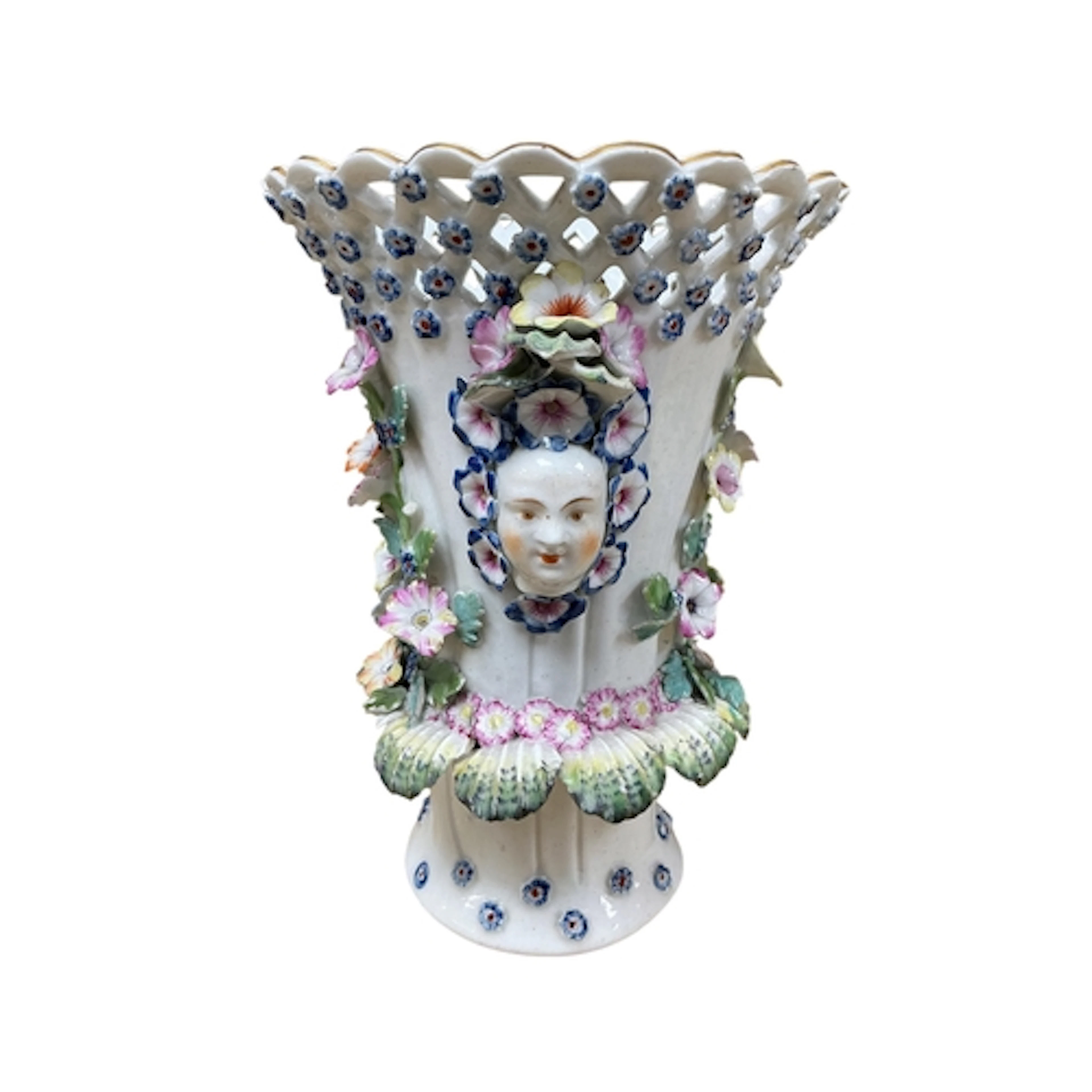 A Bow style porcelain floral frill vase, 18cm high