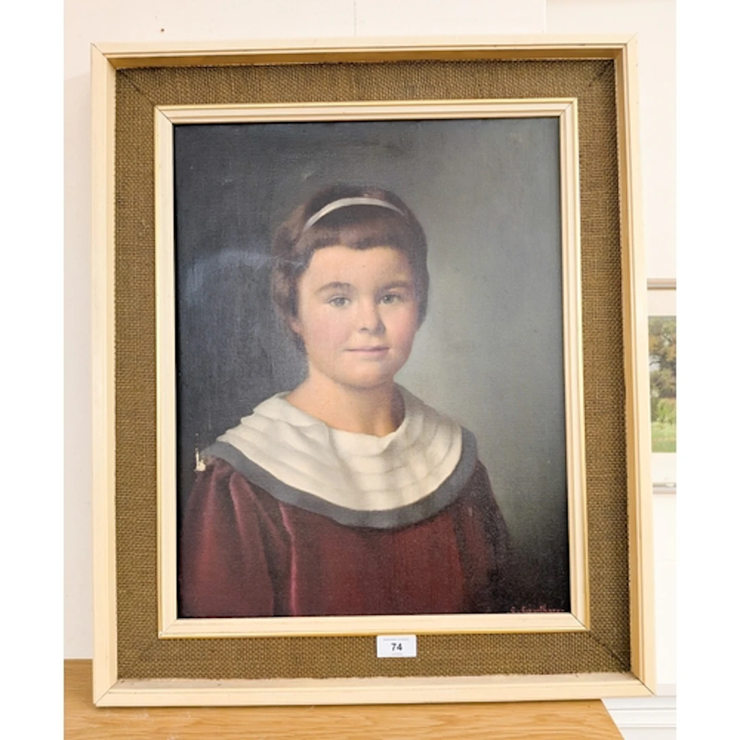 Oil on canvas half length portrait of a young girl