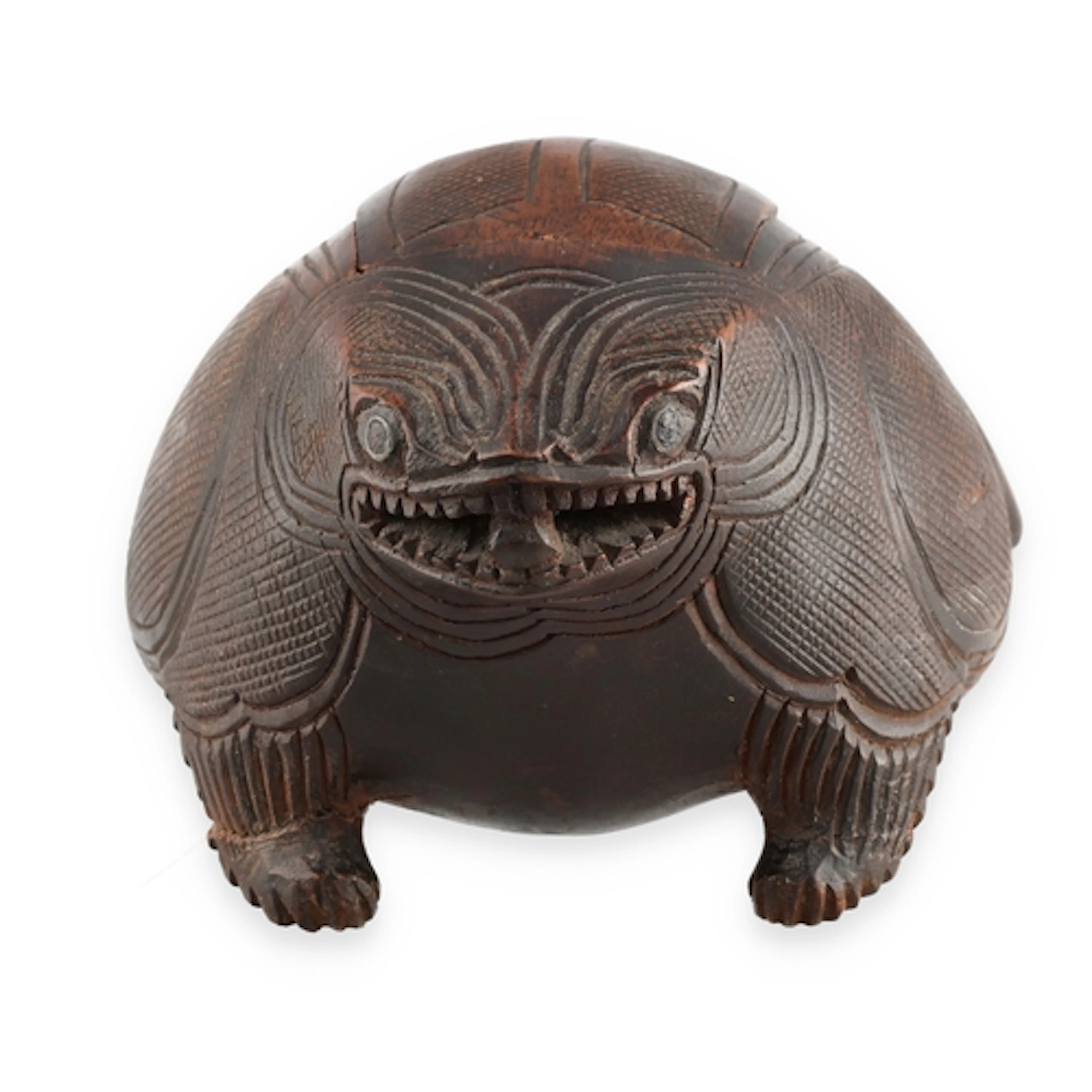 AN ANTIQUE TRIBAL CARVED WOODEN BOX, IN THE FORM OF A TOAD W...