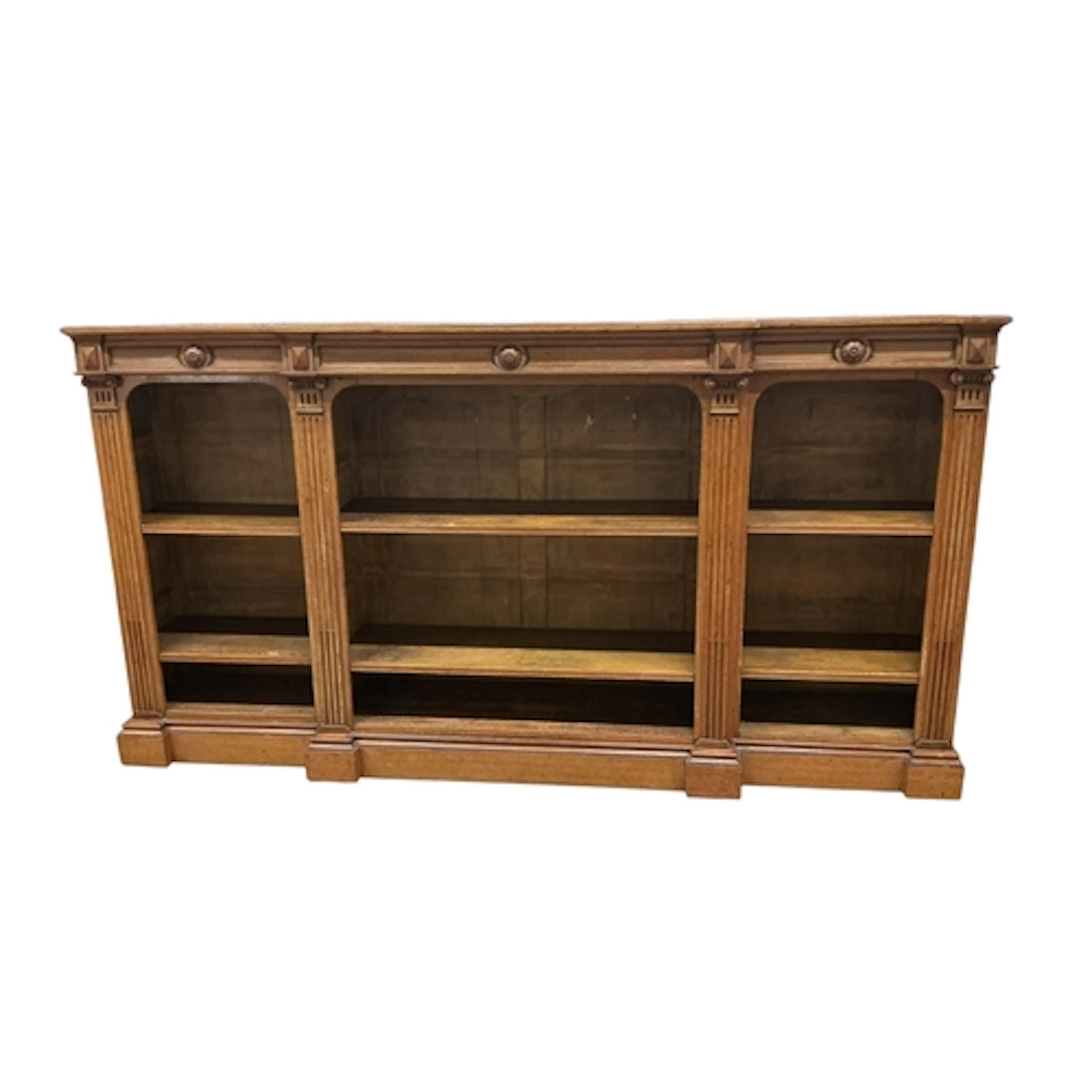 A Victorian pale oak breakfront open bookcase, width 244cm, ...