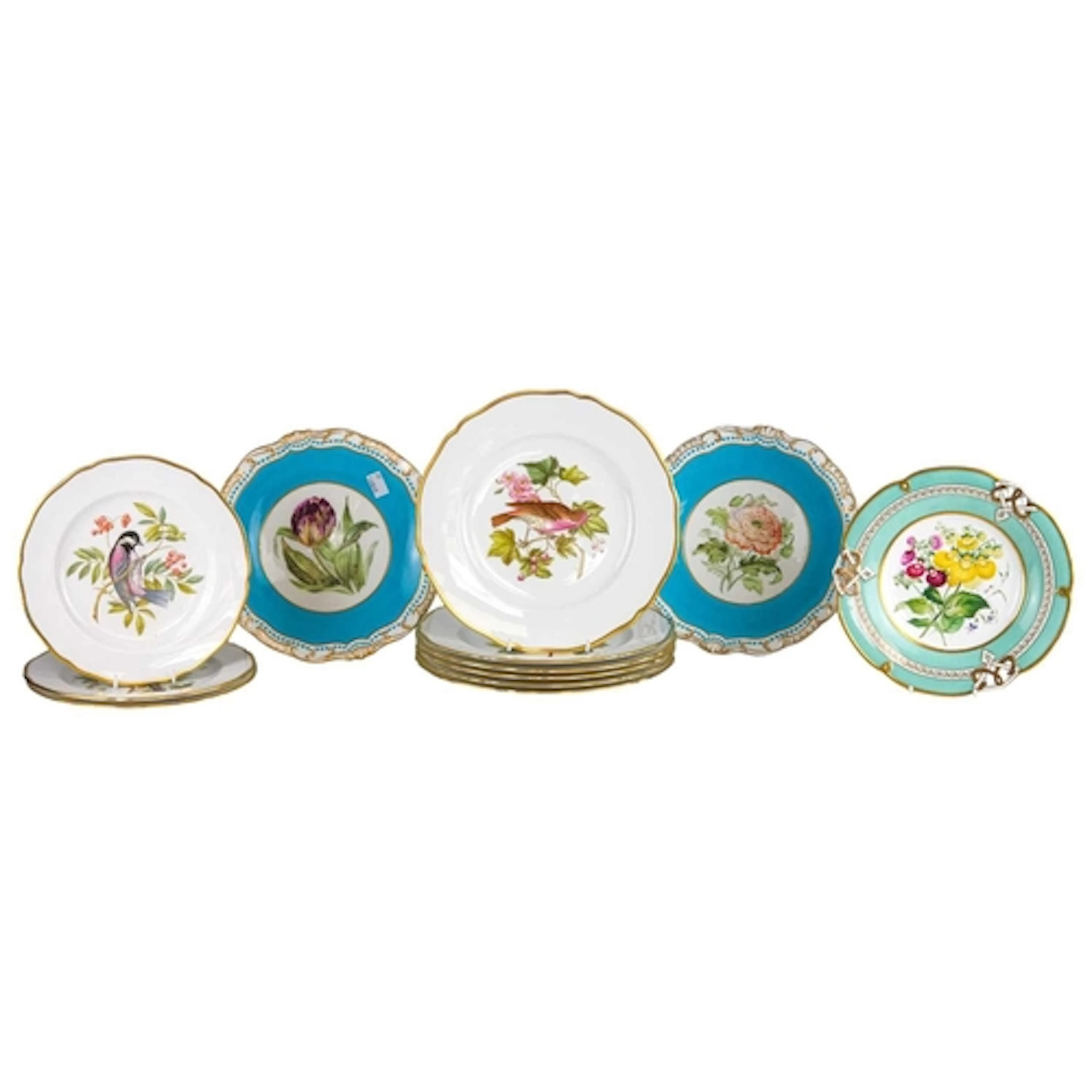 A set of six Spode bone china dinner plates. Each colour pri...
