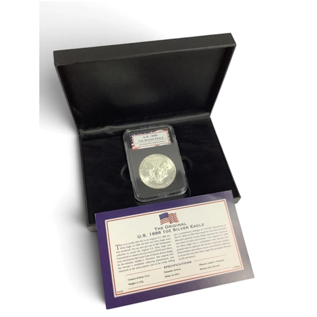 1986 USA One Ounce Fine Silver Eagle $1 Coin, cased with cer...