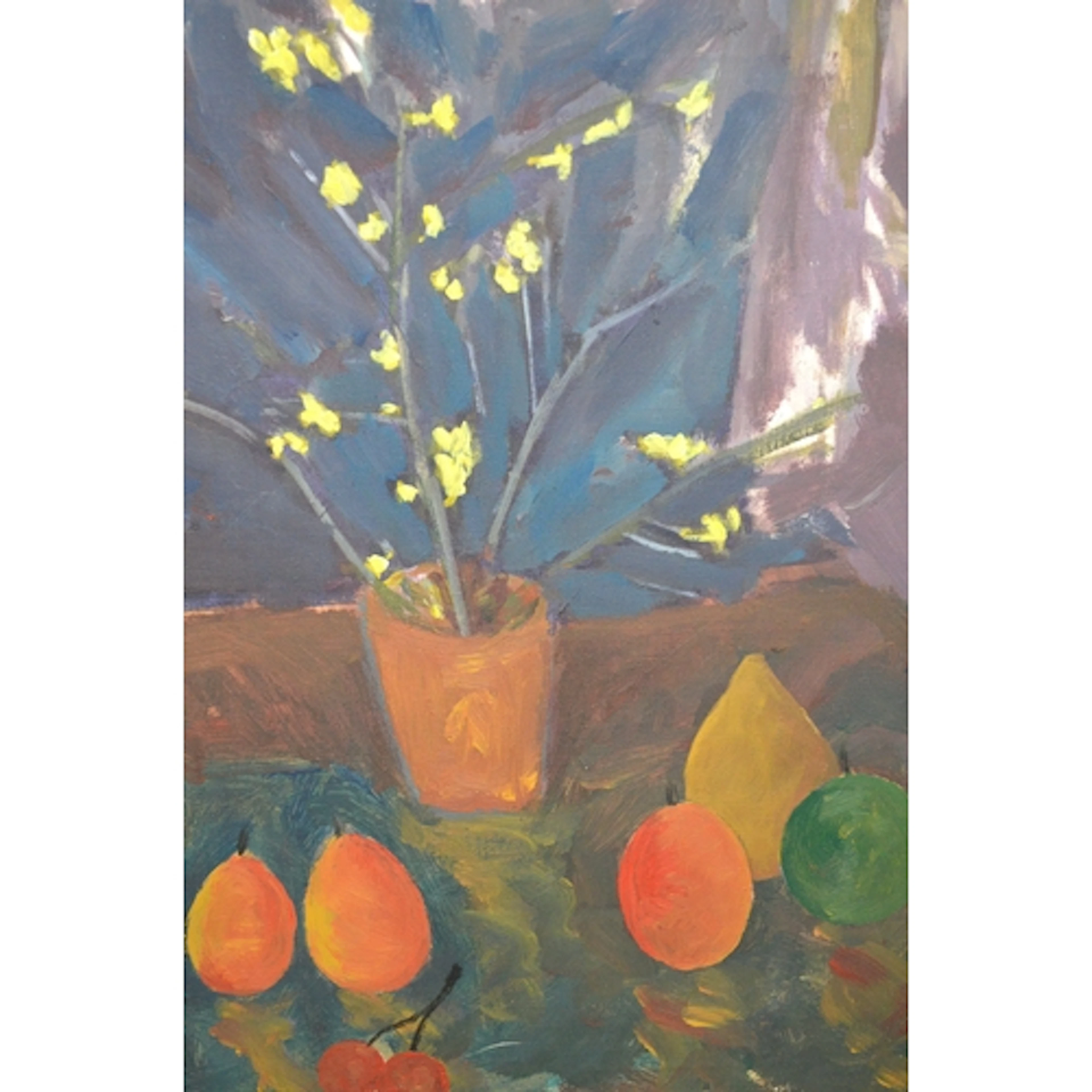 Two unframed oil paintings, yellow spring blossom with fruit...