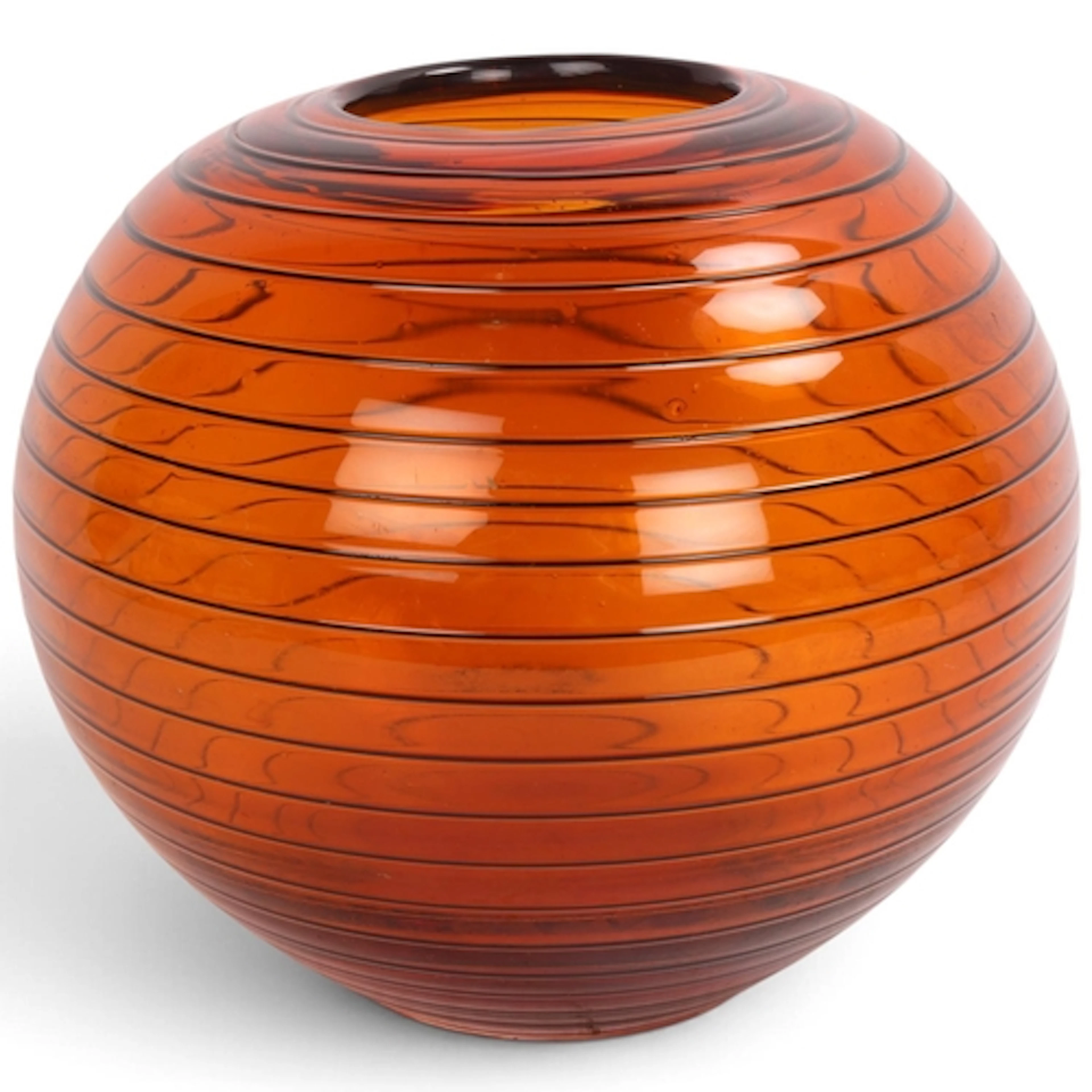 A hand blown amber glass globe vase with black glass banding...