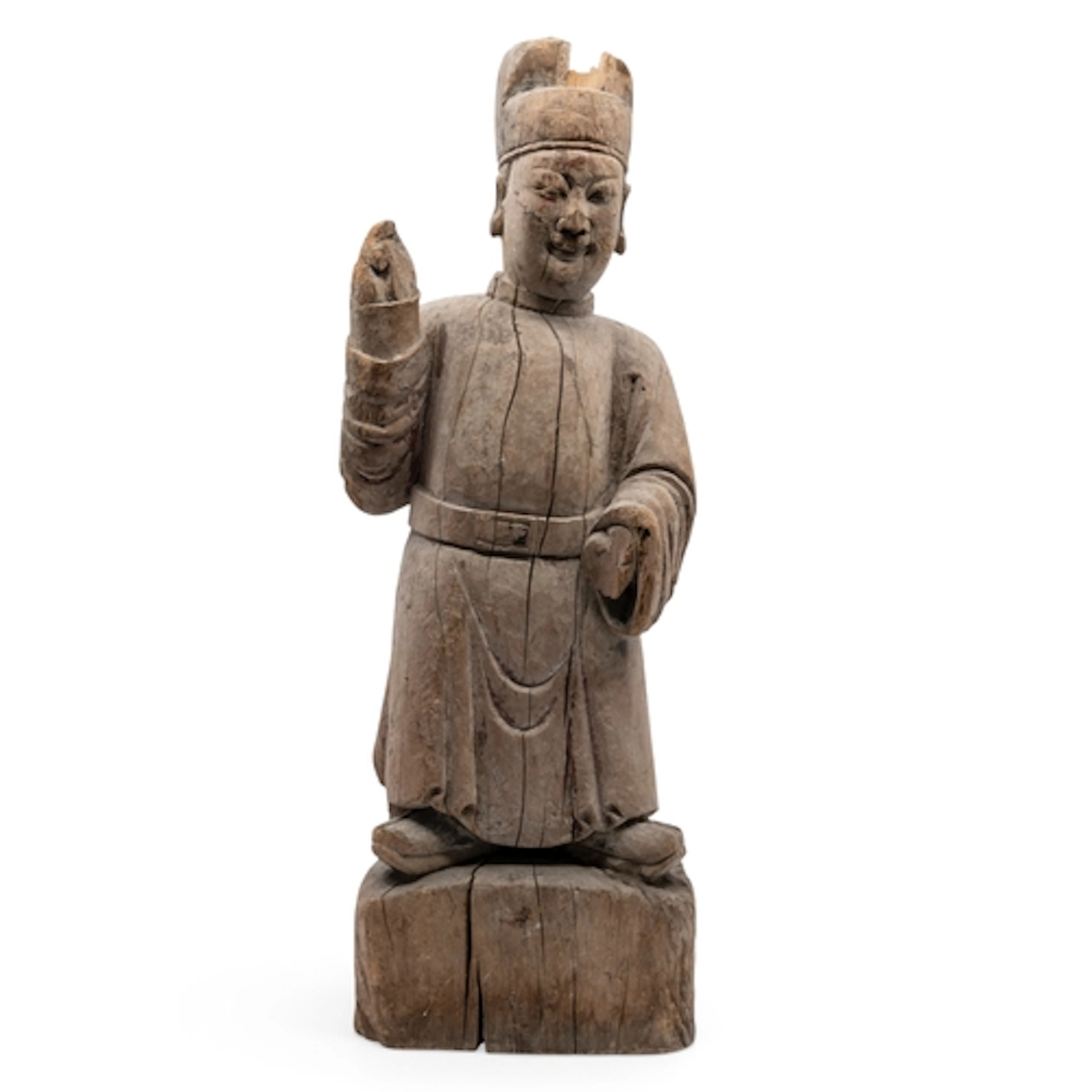 A CHINESE CARVED WOOD FIGURE OF A COURT OFFICIAL QING DYNAST...