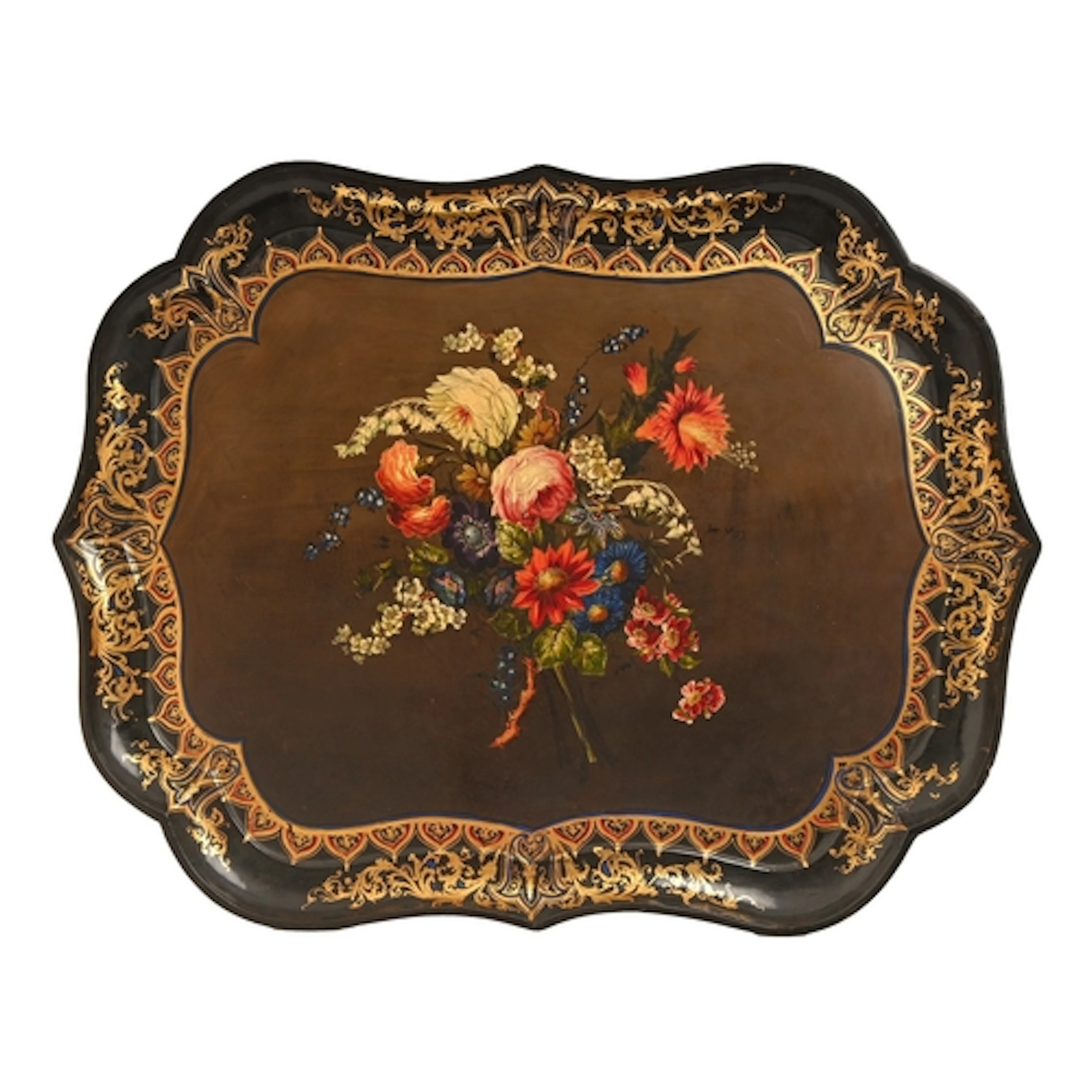 A Victorian papier mache tea tray, brightly painted with a f...
