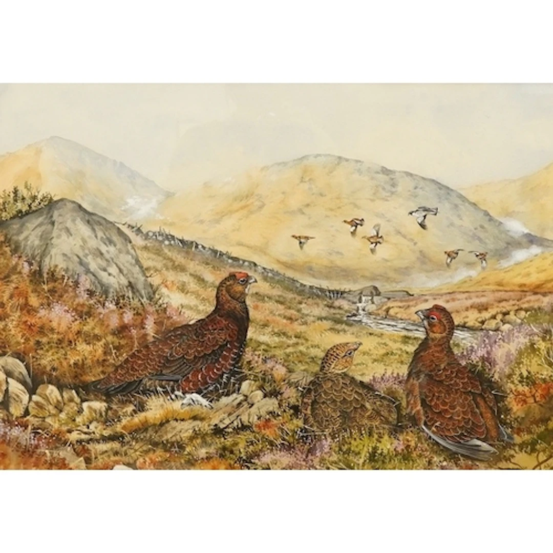 Ian Bowles (1947-2018), mountainous landscape with grouse in...