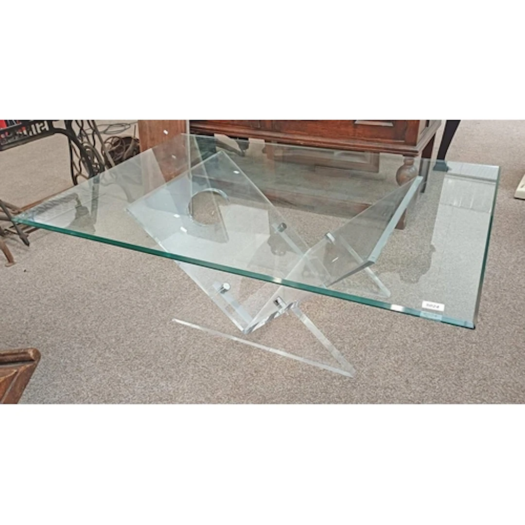 GLASS TOPPED RECTANGULAR COFFEE TABLE ON X LUCITE STAND