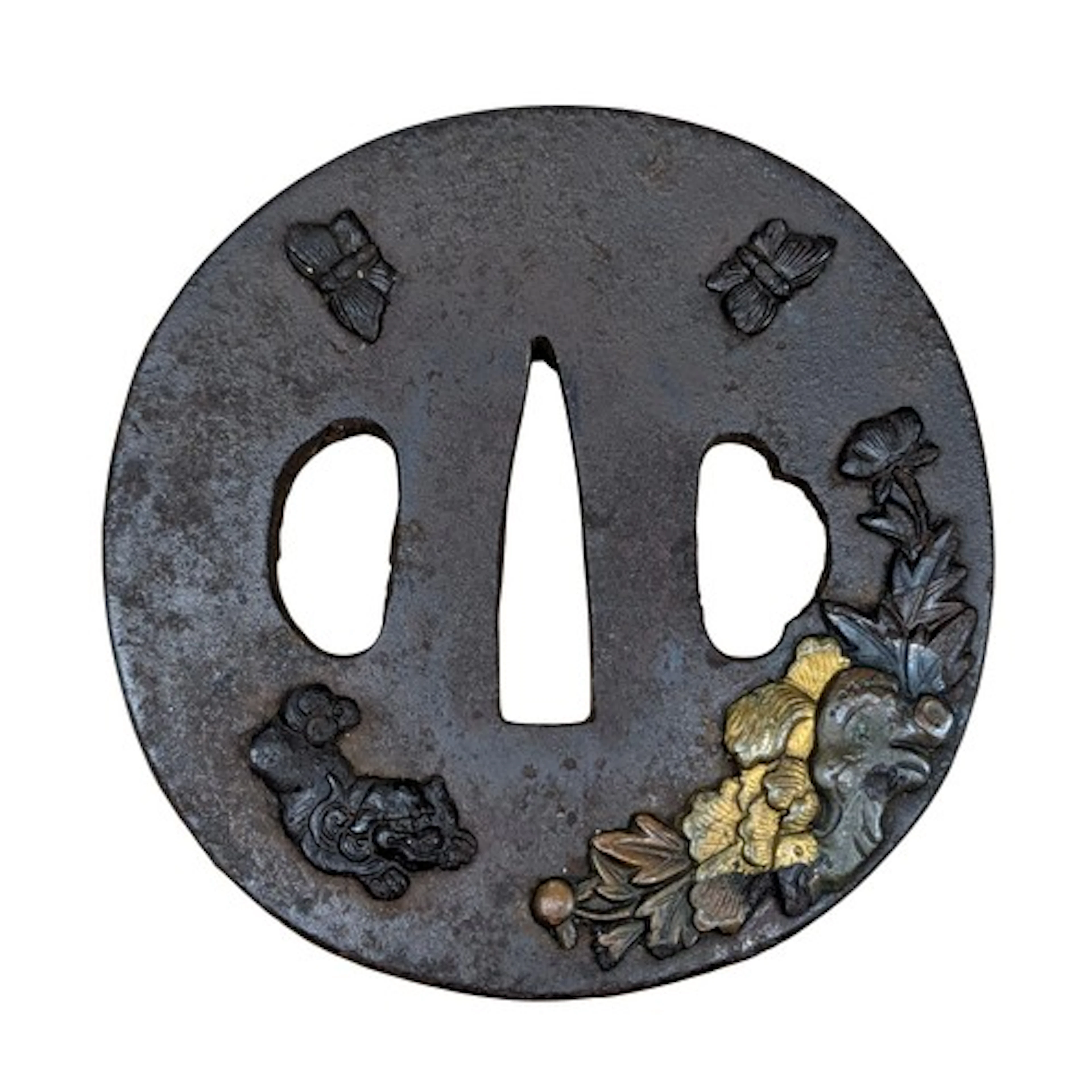 Edo Period Style Japanese Butterflies & Peony Tsuba, constru...