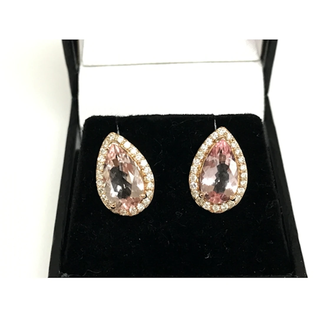 A pair of rose gold pear shaped morganite and diamond cluste...