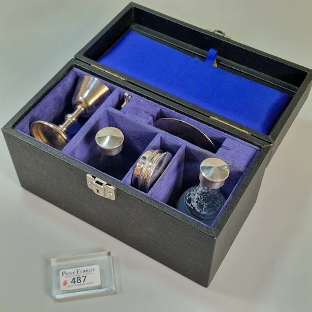 Silver plated ecclesiastical communion set in fitted case co...