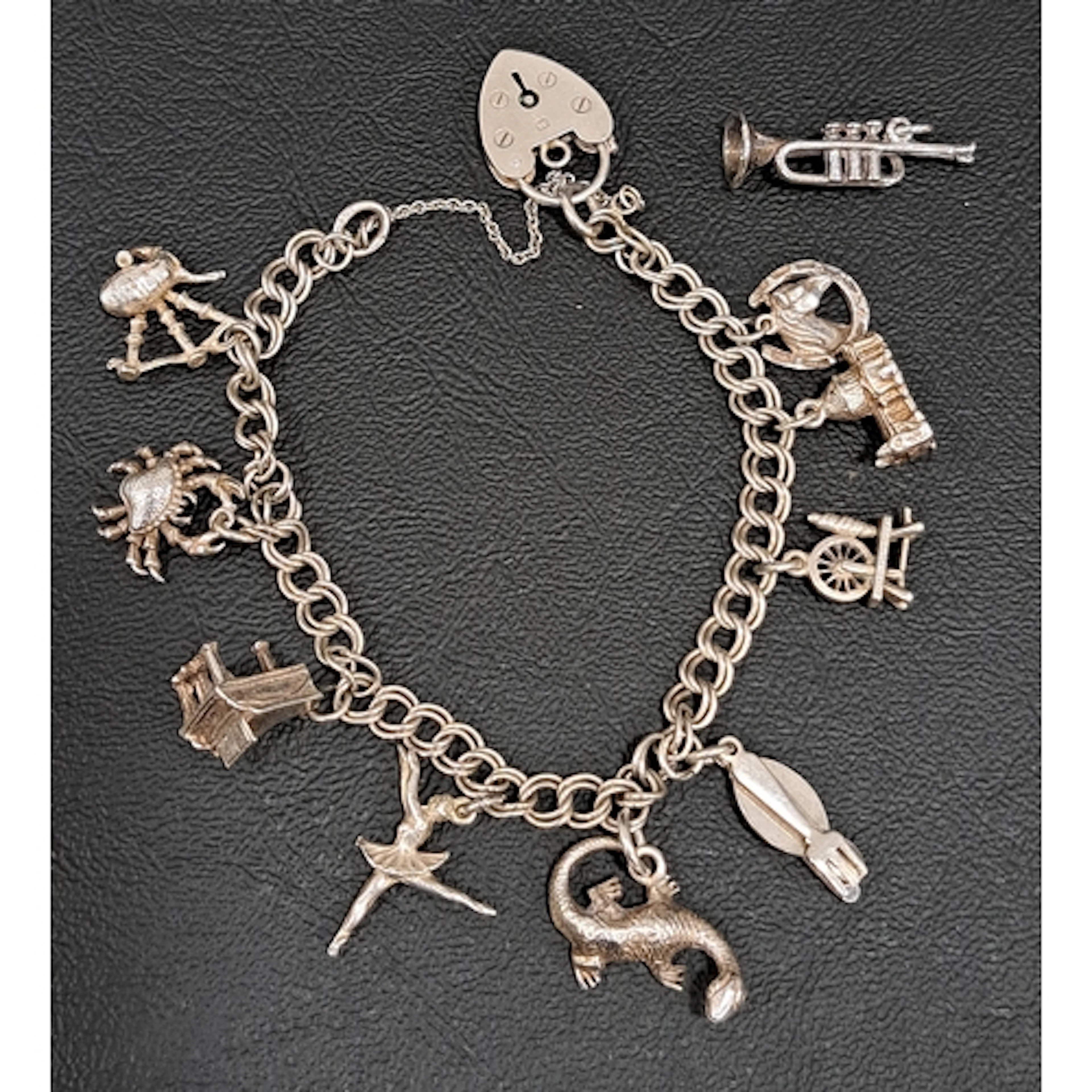SILVER CHARM BRACELET with heart padlock clasp and safety ch...
