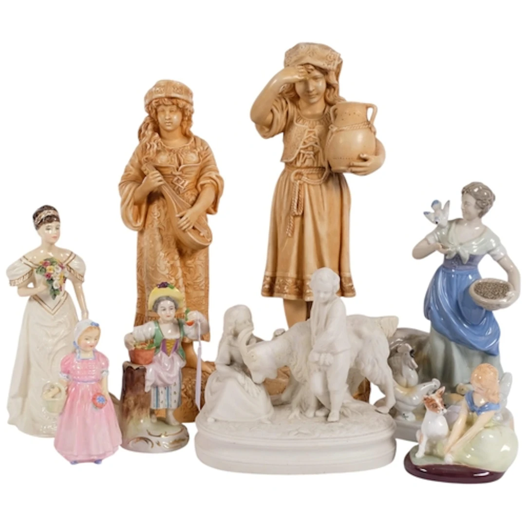German porcelain figures, Doulton figures, and 2 Victorian f...