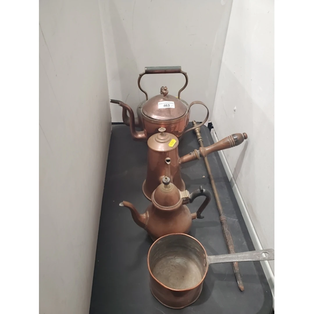 Five copper items including Kettle, two Tea Pots, Coffee Pot...