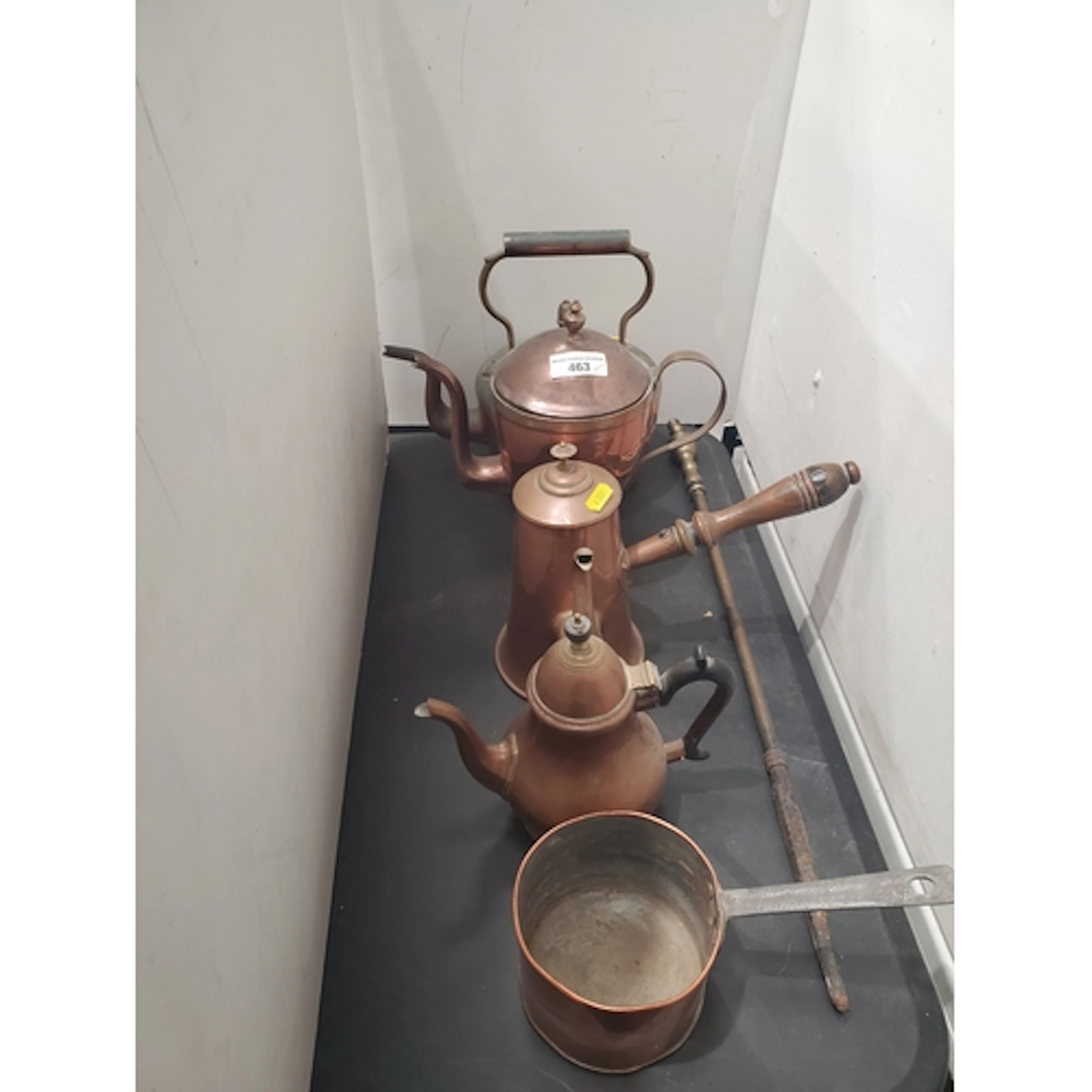 Five copper items including Kettle, two Tea Pots, Coffee Pot...