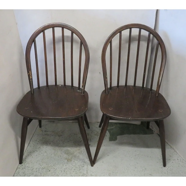 Dark Finish Ercol Windsor Style Hoopback Dining Chairs, spla...