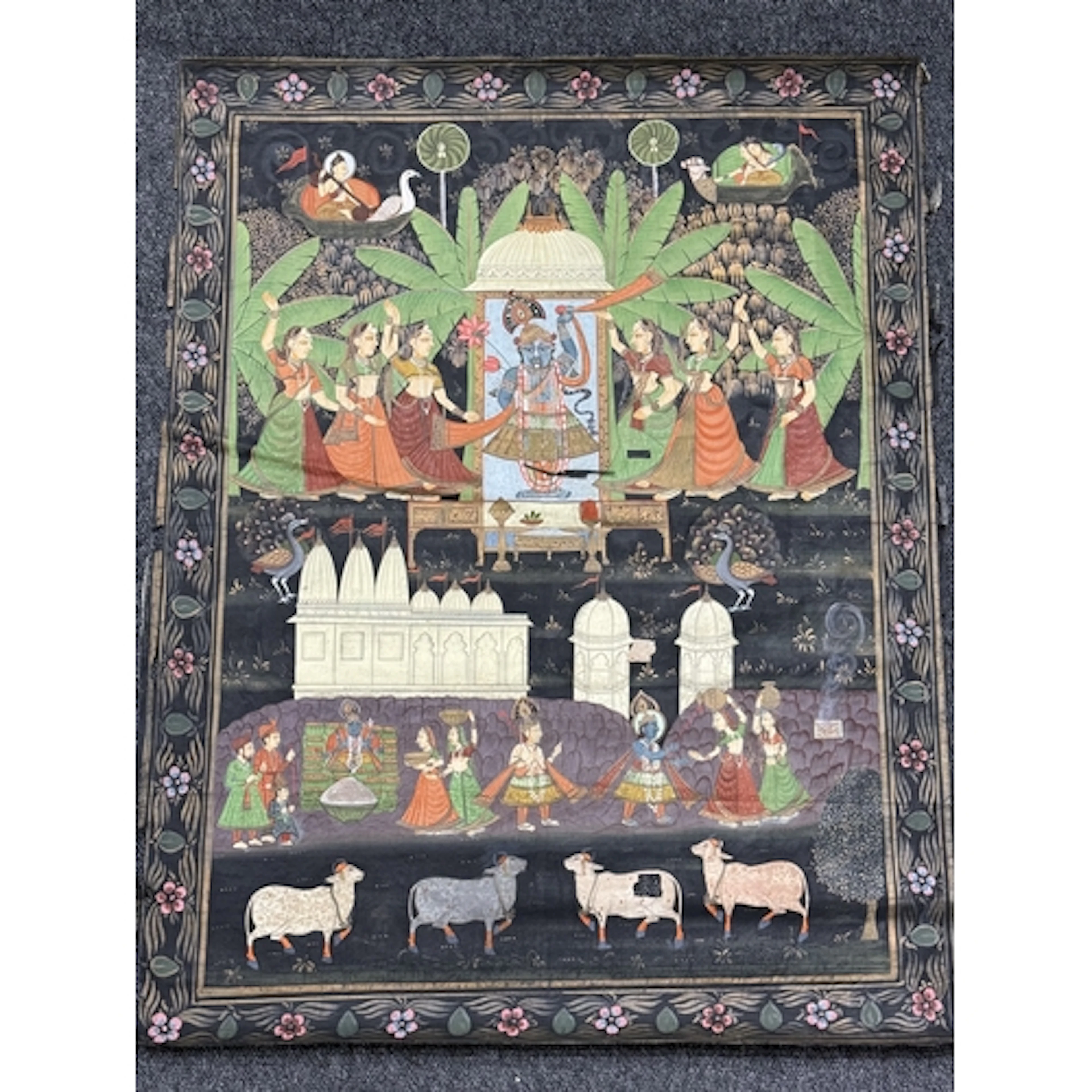Asian Art: a Rajastan Pichwai painted silk temple hanging de...