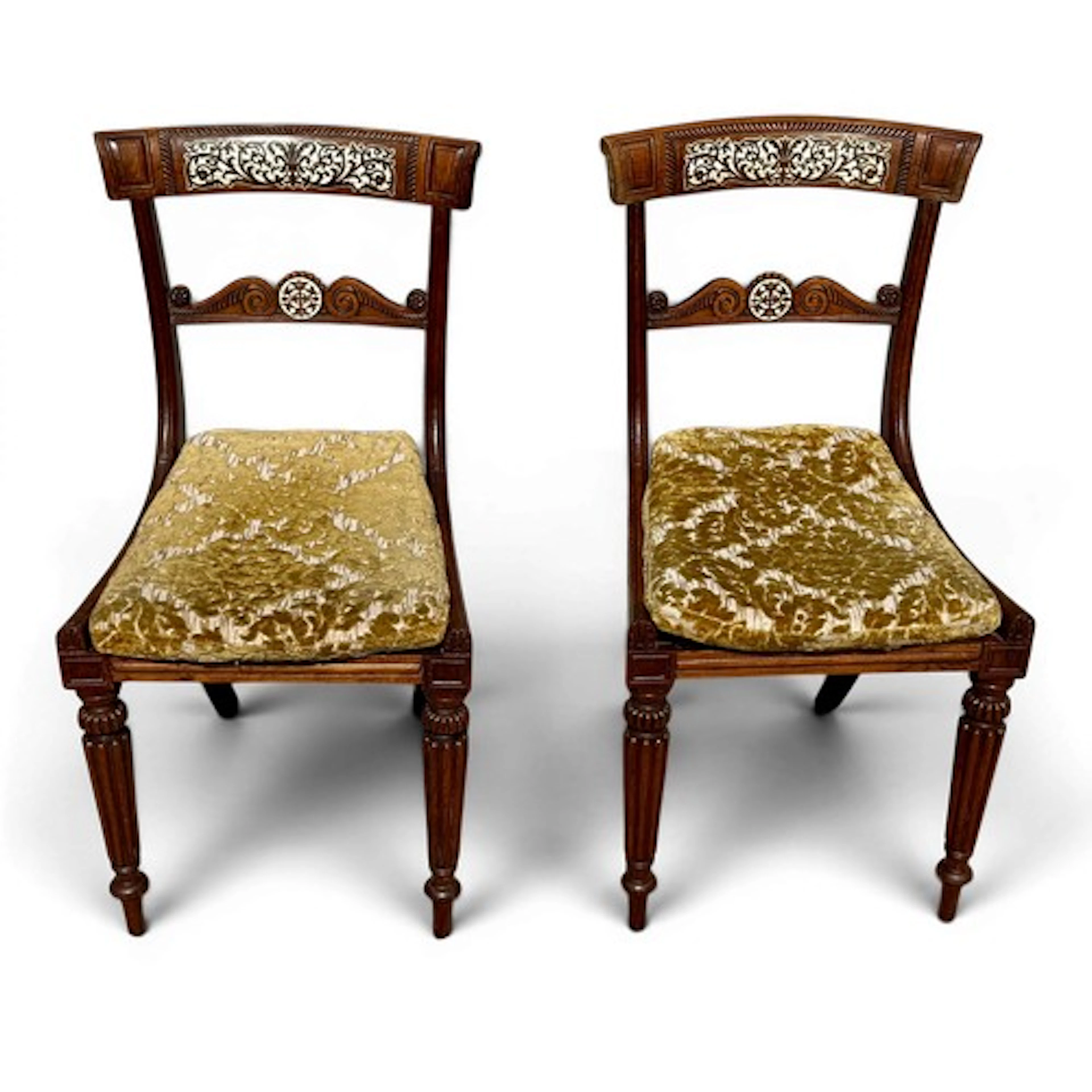 Two 19thC rosewood backed dining chairs with ivory inlay. Su...