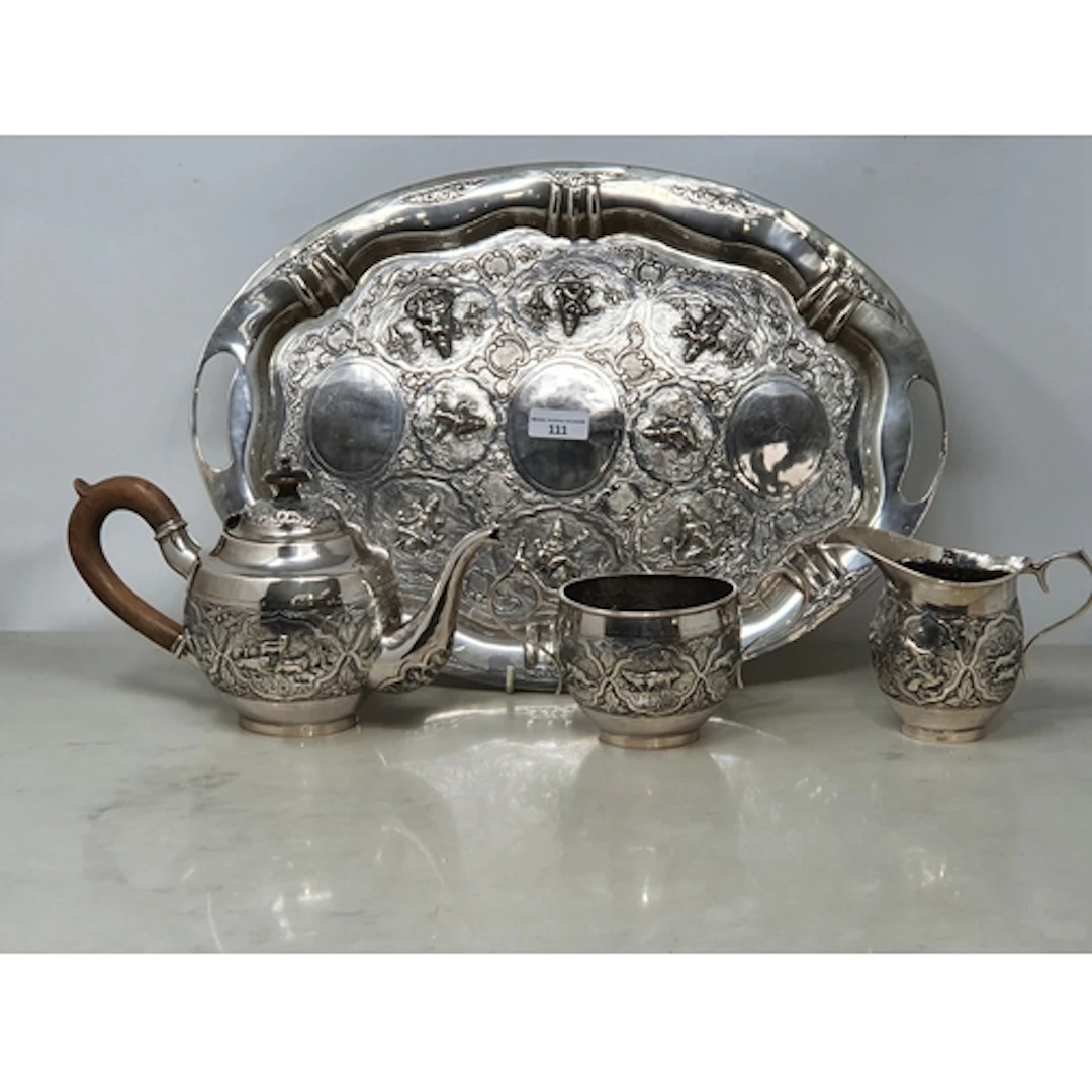 An Indian three piece Tea Service and matching oval Tea Tray...