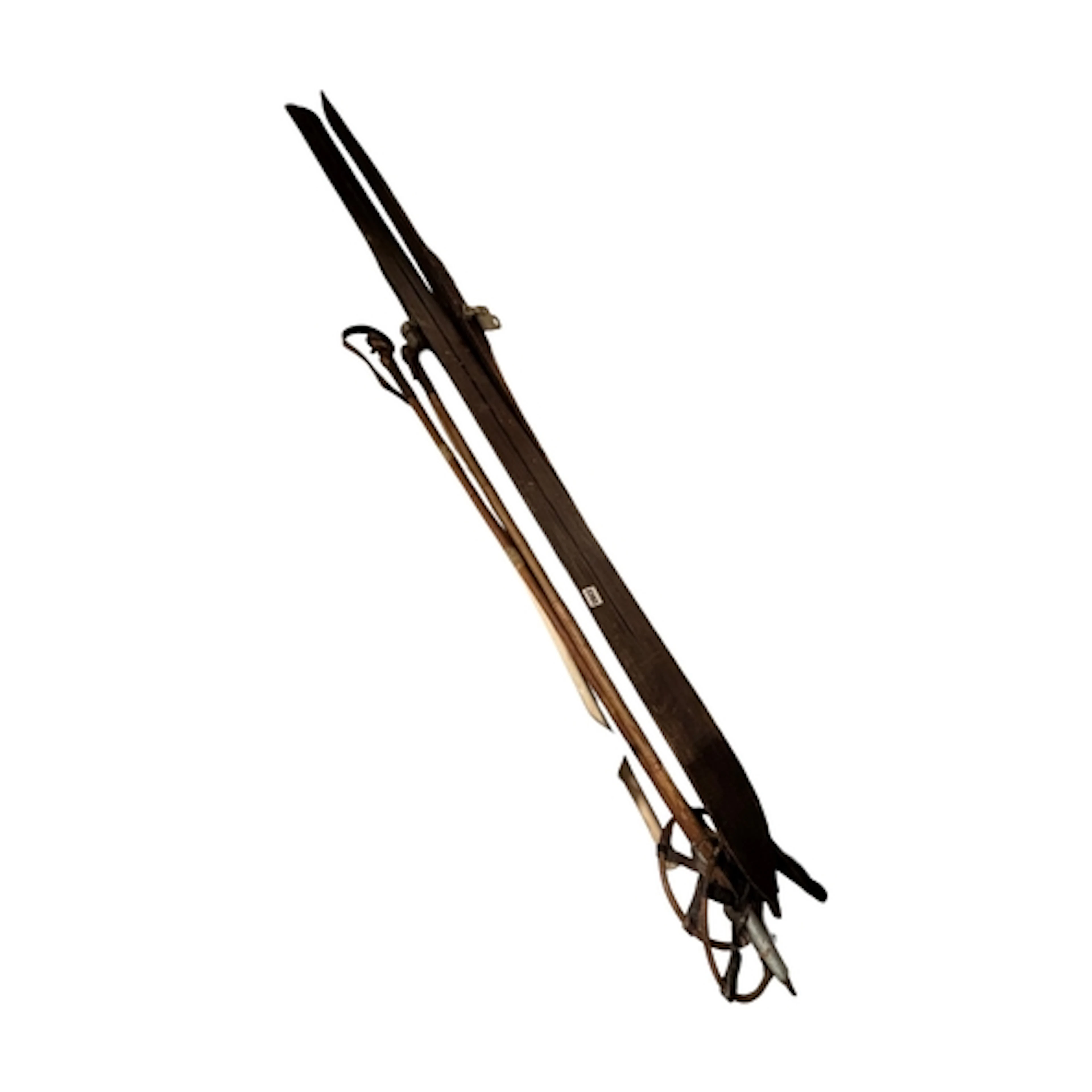 A pair of vintage snow skis and poles