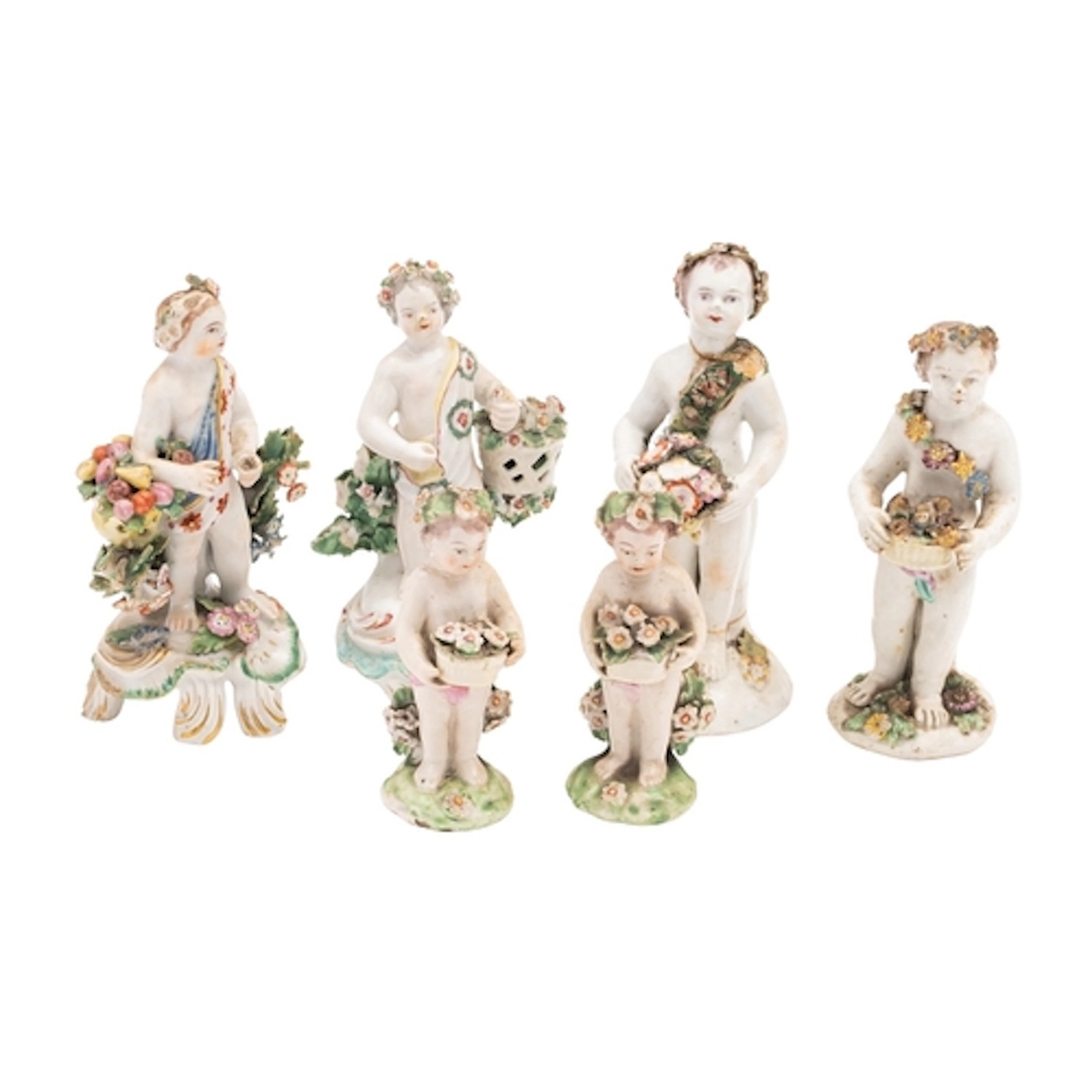A group of four Bow figures of putti and two smaller Derby p...