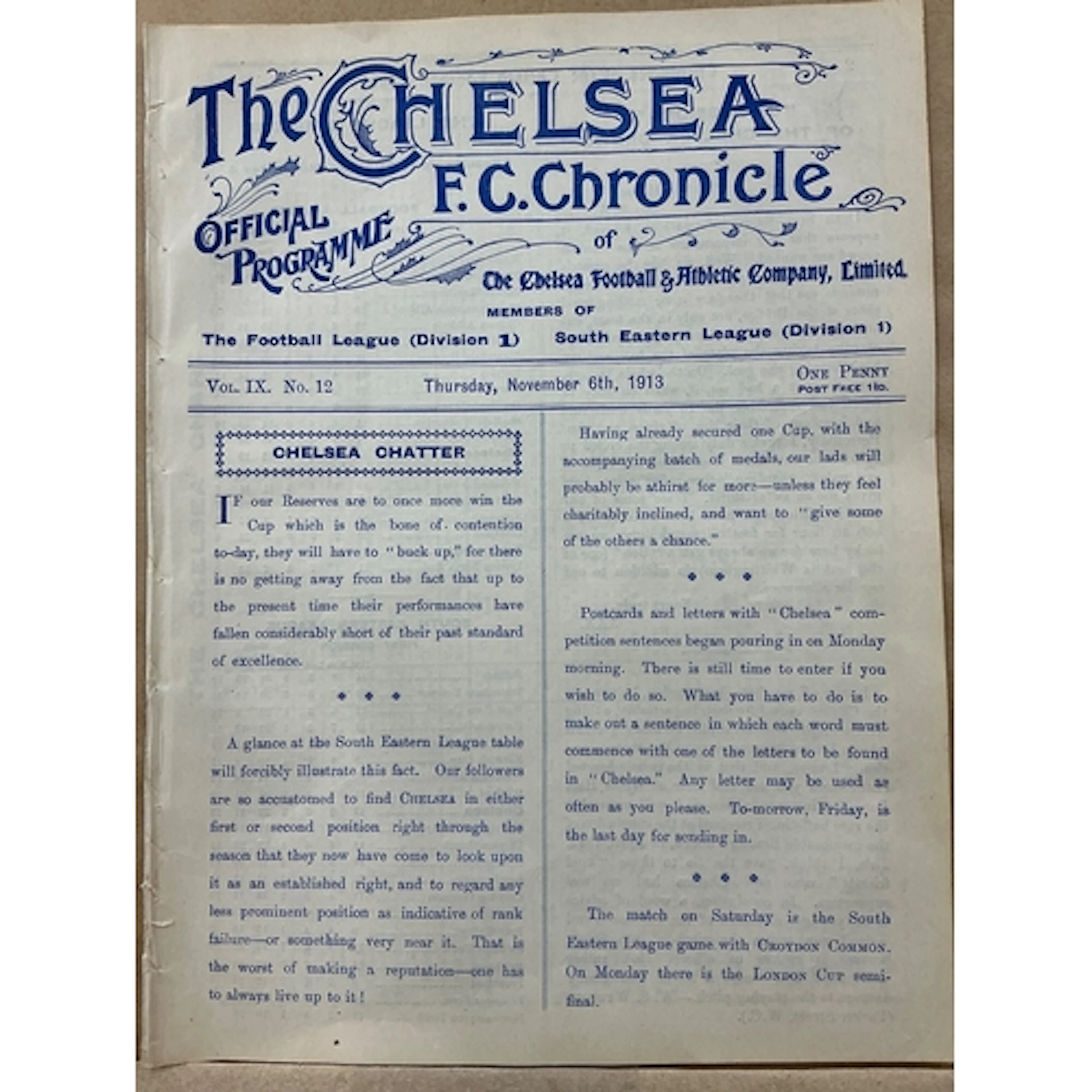 1913 - 1914 Chelsea v Millwall Athletic Football Programme: ...