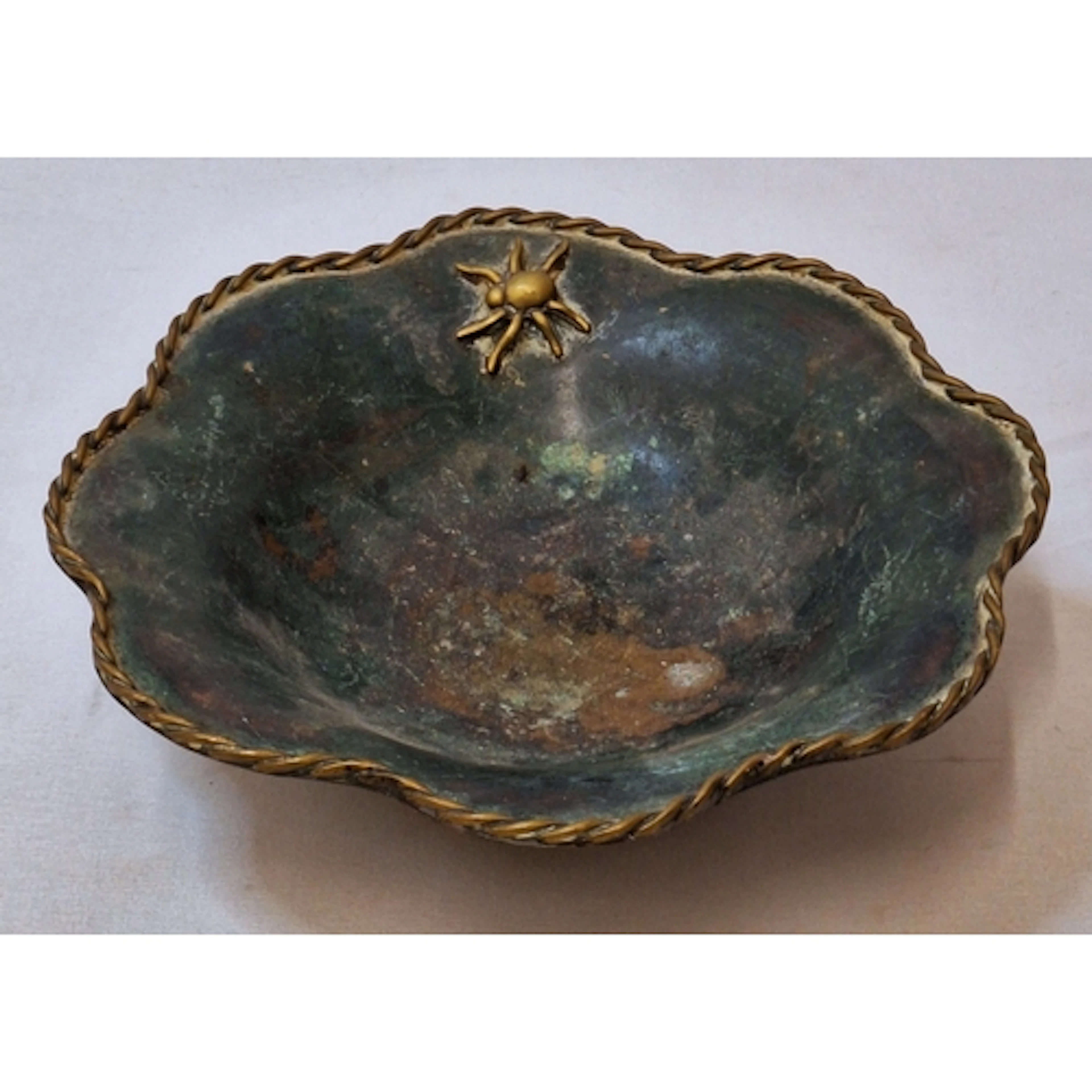 Copper Scalloped Shaped Dish, decorated with spider approx. ...