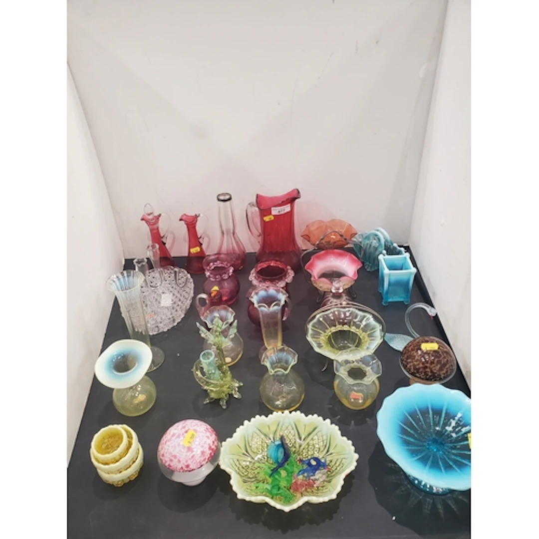 A collection of antique coloured Glassware including Cranber...