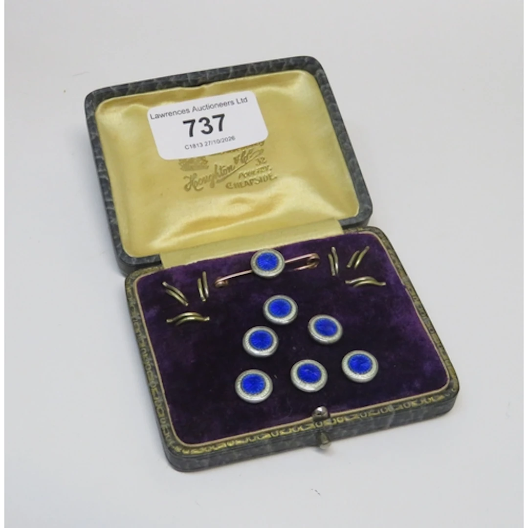 Edwardian gold plated blue and white enamel button and bar b...