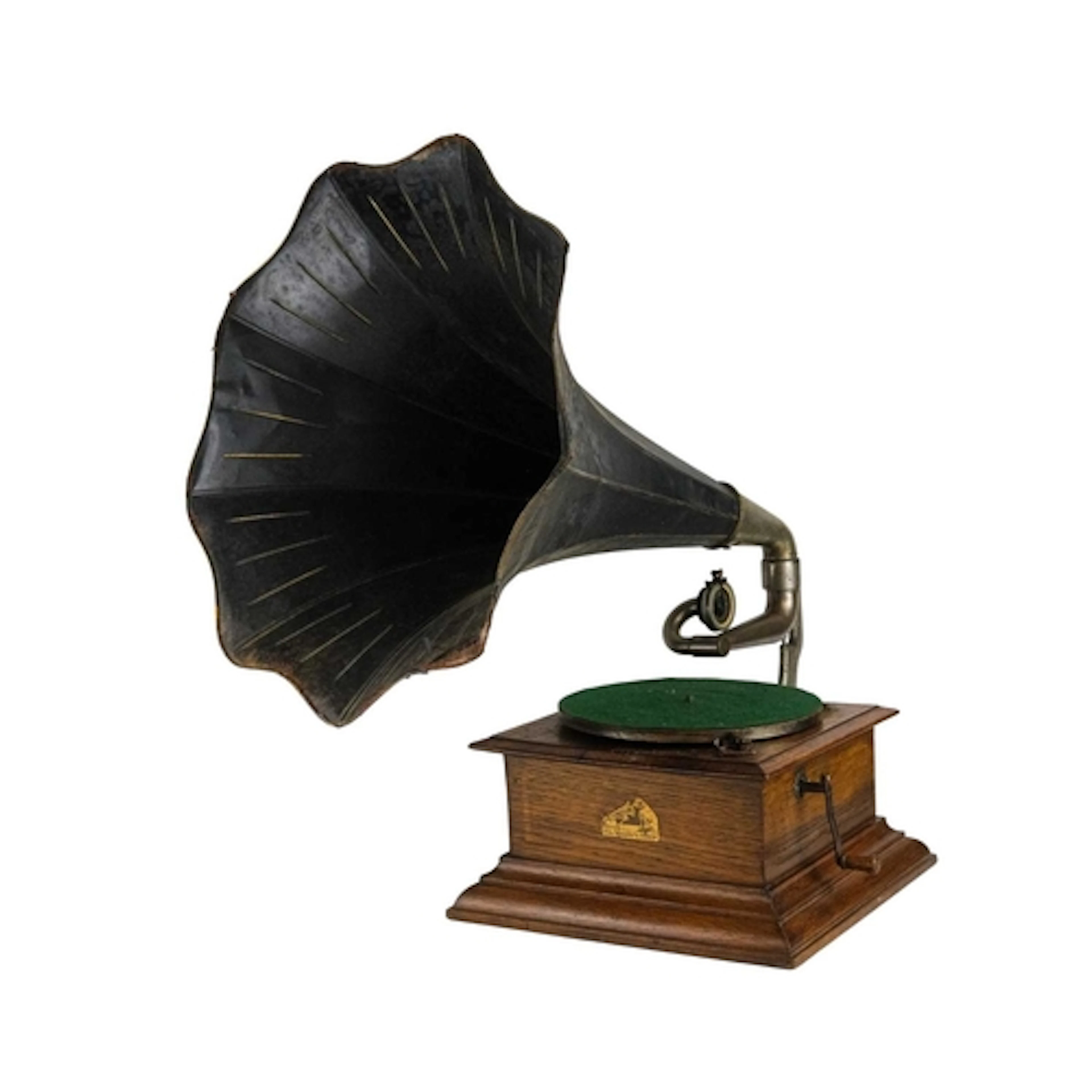 An HMV oak cased table top horn gramophone. With a tinned st...